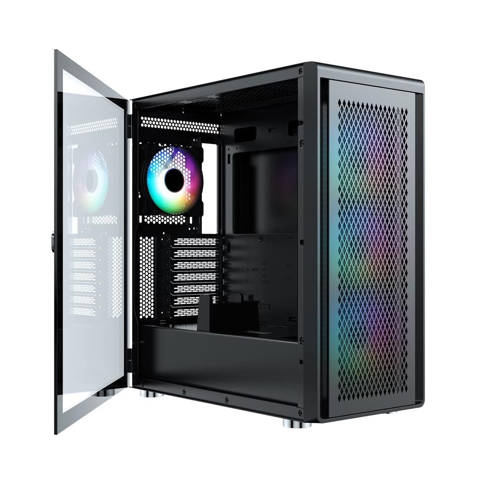 Silentware PC-Gehäuse Air 100 Black, (Computer Case, 1 St., Midi Tower), Glas-Seitenfenster, 4x 120mm A-RGB Lüfter, GPU 383mm, ATX, Schwarz