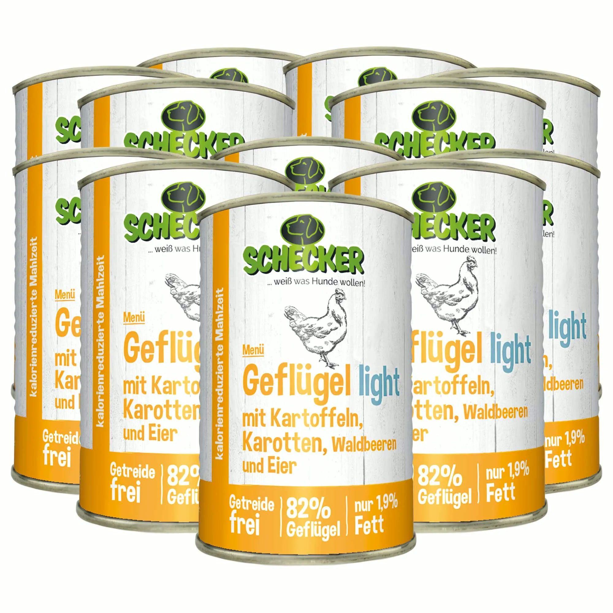 Schecker 410 g Geflügel light mit Kartoffeln, Karotten, Beeren - nur 1,9 % Fett Huhn, Nassfutter für: Hunde, Für Ausschlussdiäten und sehr empfindliche Hunde geeignet