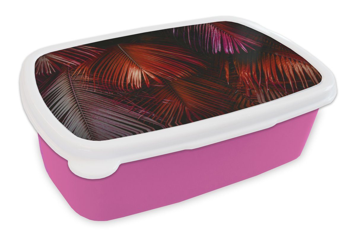 MuchoWow Lunchbox Palmenblatt - Dschungel - Rot, Kunststoff, (2-tlg), Brotbox für Erwachsene, Brotdose Kinder, Snackbox, Mädchen, Kunststoff rosa