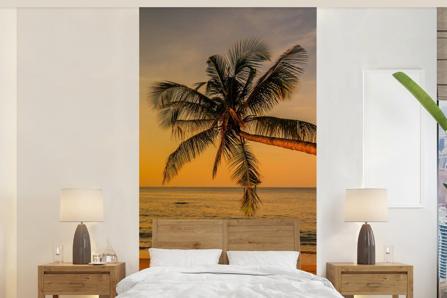 Sonnenuntergang - - - Strand Palme für bedruckt, Vliestapete Wohnzimmer Meer, Fototapete Fototapete Küche, MuchoWow St), (2 Matt, Schlafzimmer