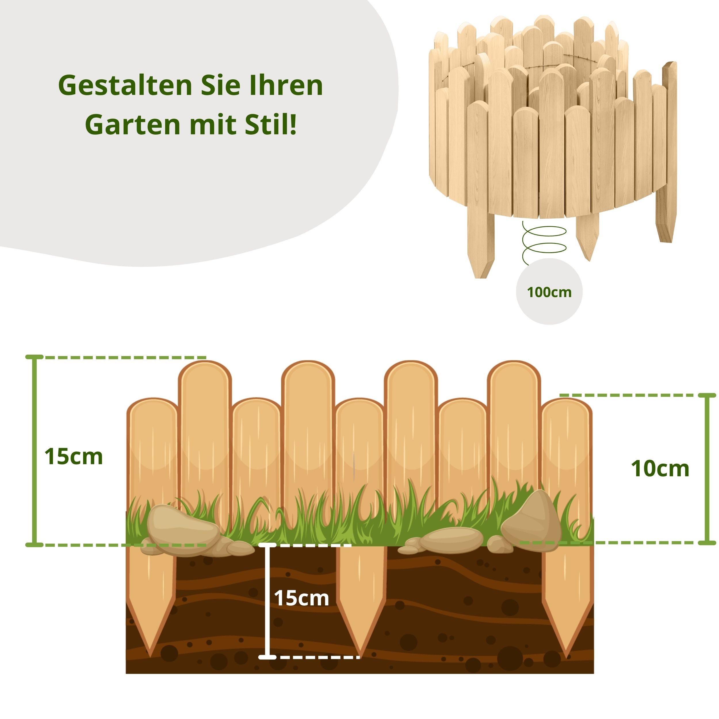 Floranica Palisade Beeteinfassung Rasenkante Flexible Holzzaun Gartenzaun Palisade, LxH: 100x15 cm, Natur, Rasenkante, Begrenzung von Blumenbeeten, Kräutergarten und Gartenwegen