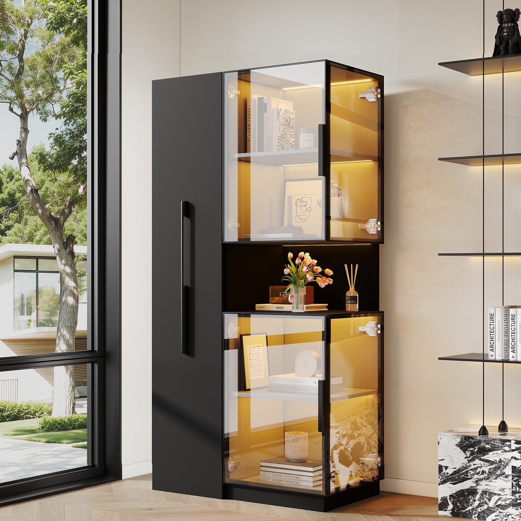 Flieks Glasvitrine Eckschrank Hochschrank mit LED-Beleuchtung, Ausziehregal, Glastüren (1-St., 70×38×160 cm) multifunktionaler Mehrzweckschrank Standvitrine Eckvitrine Schwarz