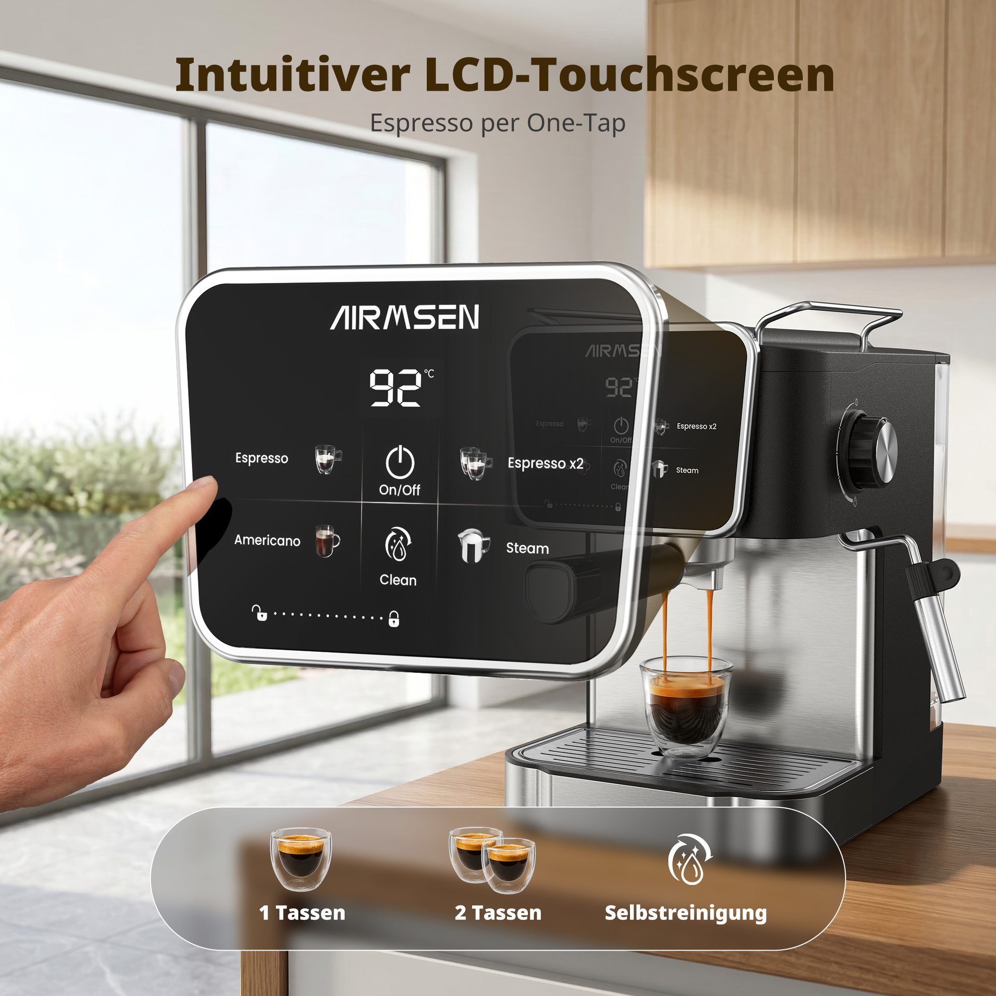 Airmsen Espressomaschine 20 Bar Siebträgermaschinen mit Milchaufschäumdüse,LCD-Touchscreen, 1.8L Wassertank, für Espresso, Cappuccino & Latte Macchiato für Zuhause