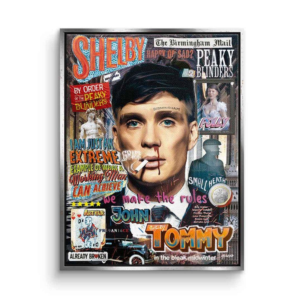 DOTCOMCANVAS® Leinwandbild, Tommy Shelby Peaky Blinders Leinwandbild Pop Art Collage Porträt silberner Rahmen