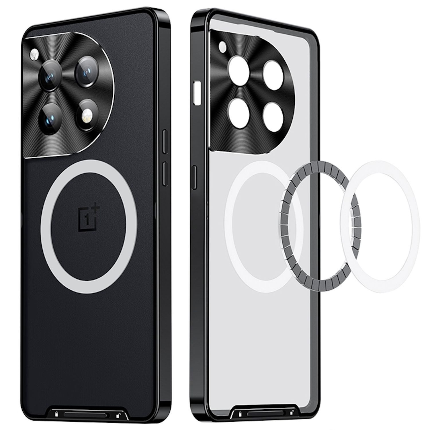 Wigento Handyhülle Für OnePlus 12 Magnetische Magsafe Metall Design Schutz Hülle Schwarz, MagSafe Metall Handyhülle mit erhöhter Schutzkante