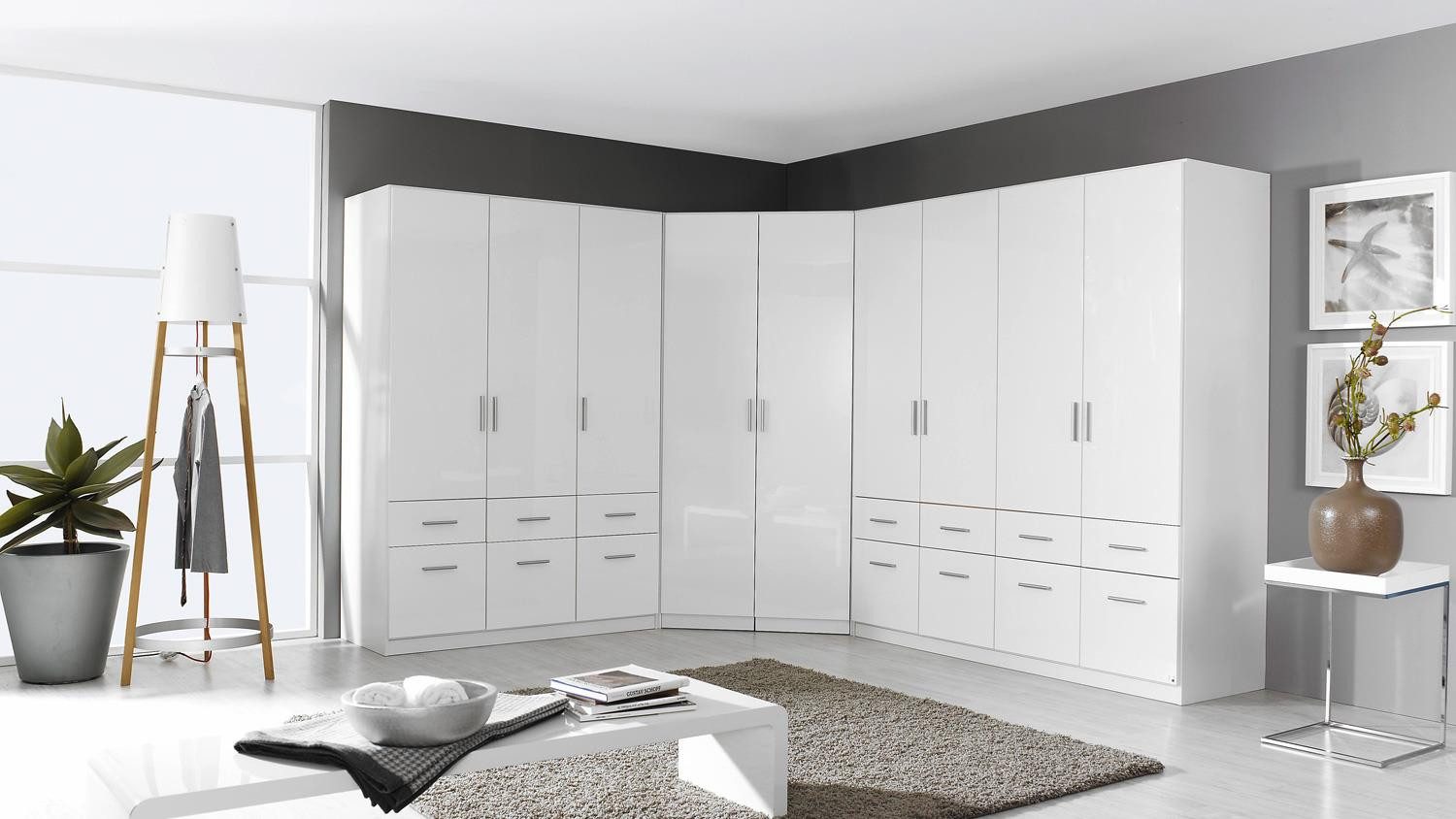 rauch Eckkleiderschrank Eck-Kleiderschrank Celle ca.253x298 cm 14 Schubladen weiß hochglanz