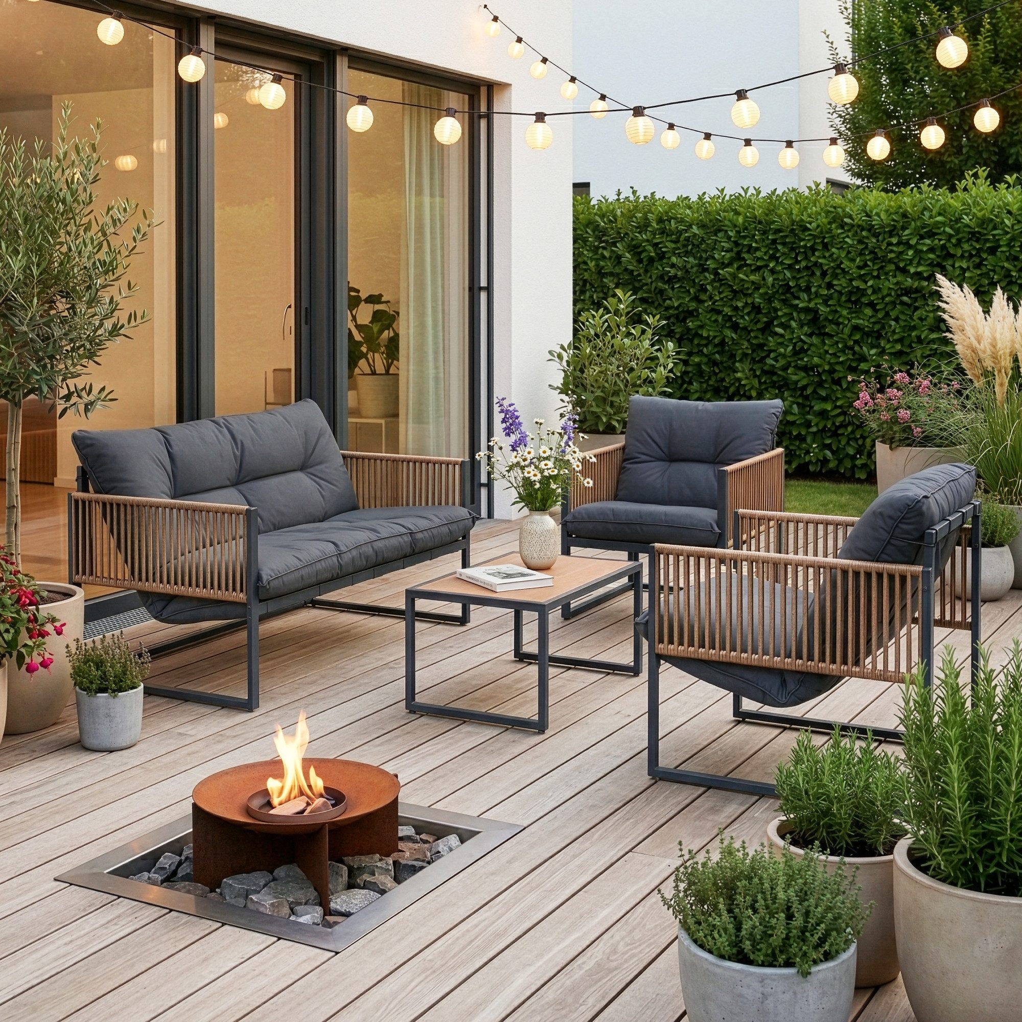 casa.pro Gartenlounge-Set, (Set, 4-tlg., 1 Couchtisch, 1 Sitzbank, 2 Sessel), »Karg« mit Polsterkissen Stahlgestell Dunkelgrau/Rattanoptik