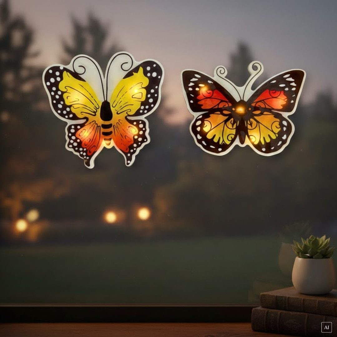 abc HOME Fensterdekoration LED Schmetterlinge 2er Set – selbstklebend & kabellos – Fensterdeko