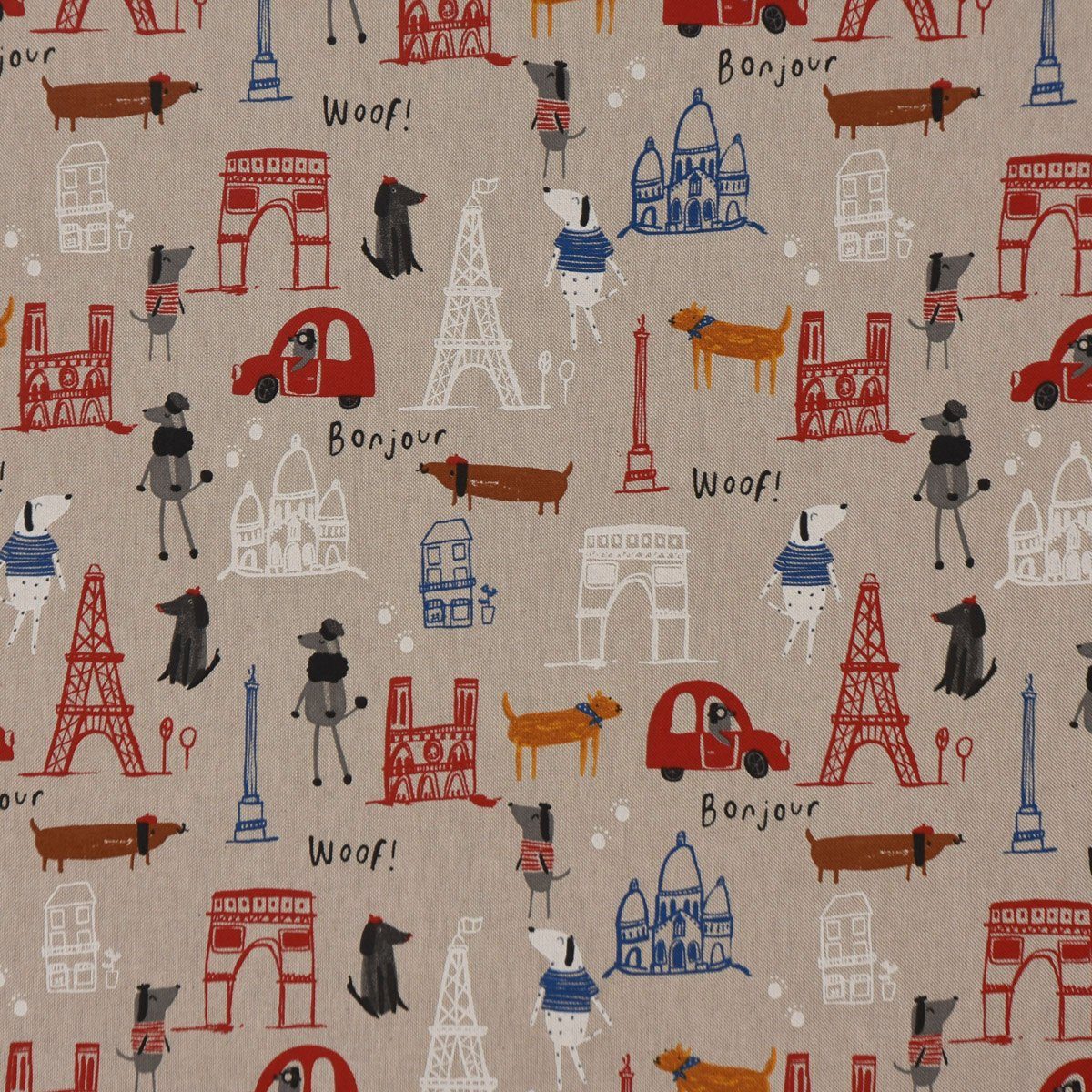 Stoff Kinder-Dekostoff Leinenlook Frankreich Paris Hunde natur bunt 1,40m
