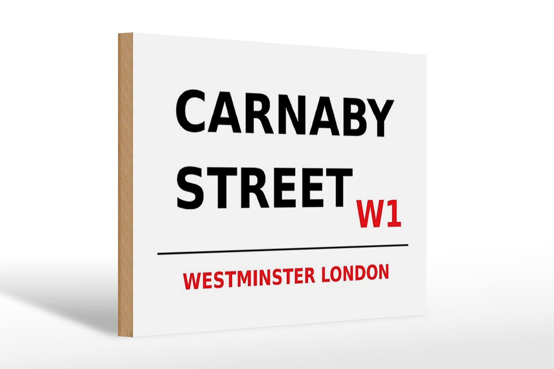 Femer GmbH Holzbild London 30x20cm Westminster Carnaby Street W1 weißes Schild, (1 St), Glatte Holzfaserplatte (MDF), vorn beschichtet