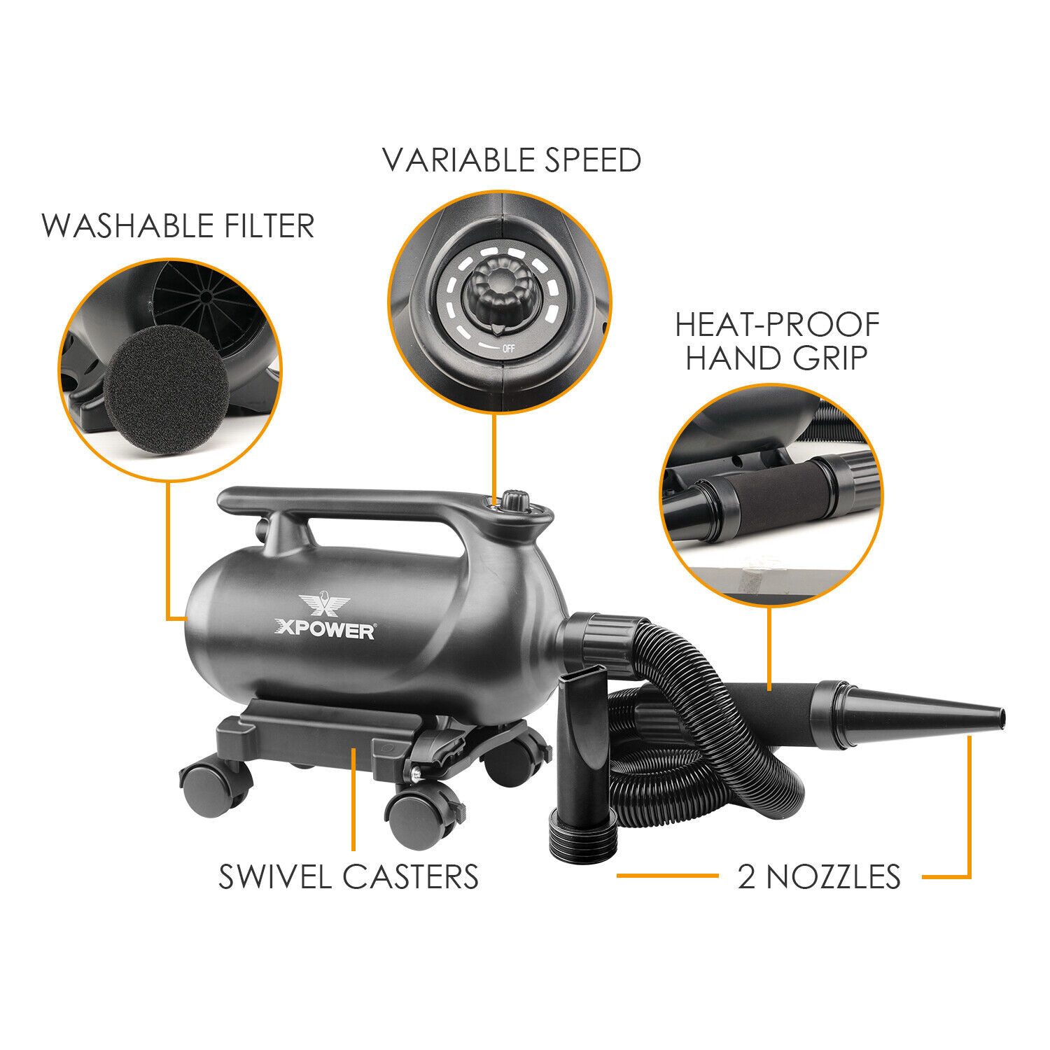 XPOWER Handstaubsauger A-16 Autotrockner Gebläse Autotrocknergebläse & mobilen Lenkrollen, 2200 W, Gebläse Autoanbautrockner, Flexibler Schlauch und Handschutz; selbstexpandierender 30ft Schlauch