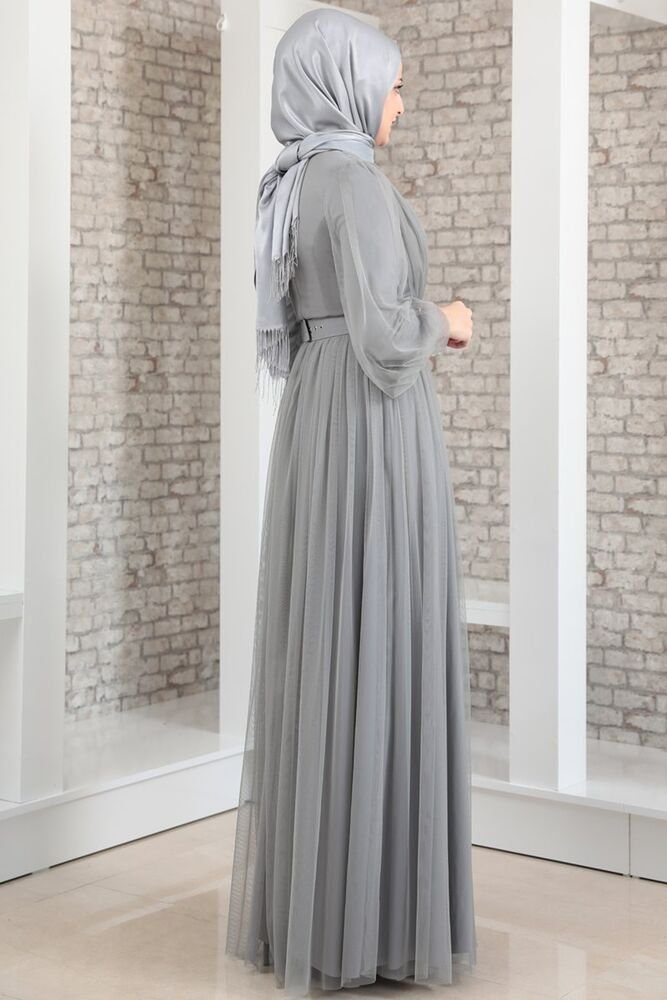 Gürtel Hijab Abendkleid mit Modavitrini Grau Damen langärmliges Abiye Kleid Abaya Maxikleid Tüllkleid