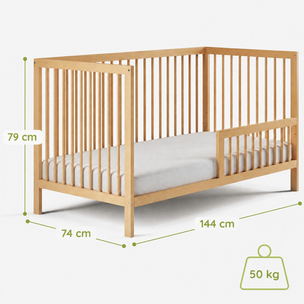 Kids Collective Babybett Kinderbett Gitterbett Baby Bett mit Rausfallschutz 60x120 70x140, stabiles Buchenholz, made in Europe 70x140 cm Natur