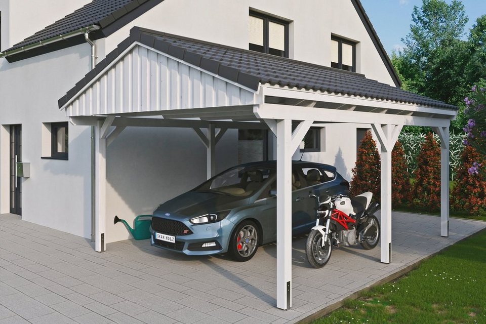 Skanholz Einzelcarport Fichtelberg, BxT: 423x566 cm, 379 cm Einfahrtshöhe,  mit Dachlattung, Satteldach-Carport, farblich behandelt in weiß