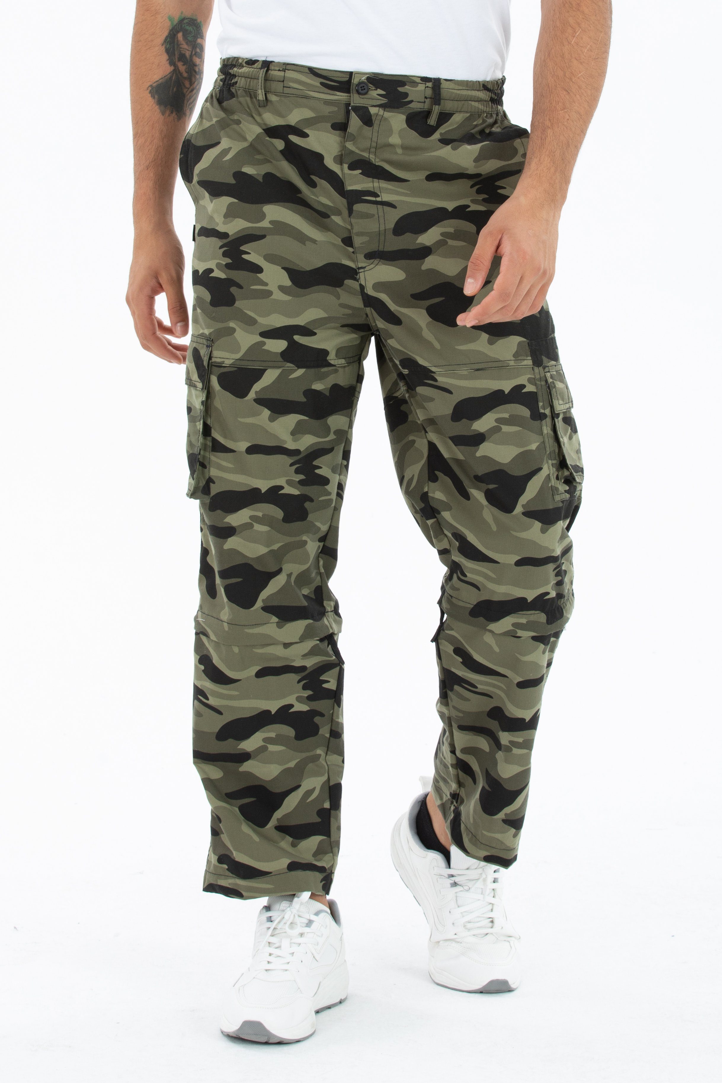 Kendindza Collection Cargohose Zipp Off Cargohose Dehnbund Arbeitshose Feldhose Bundeswehr Cargo Hose elastischer Gummibund, Tarnhose, Bundhose Camouflage Grün