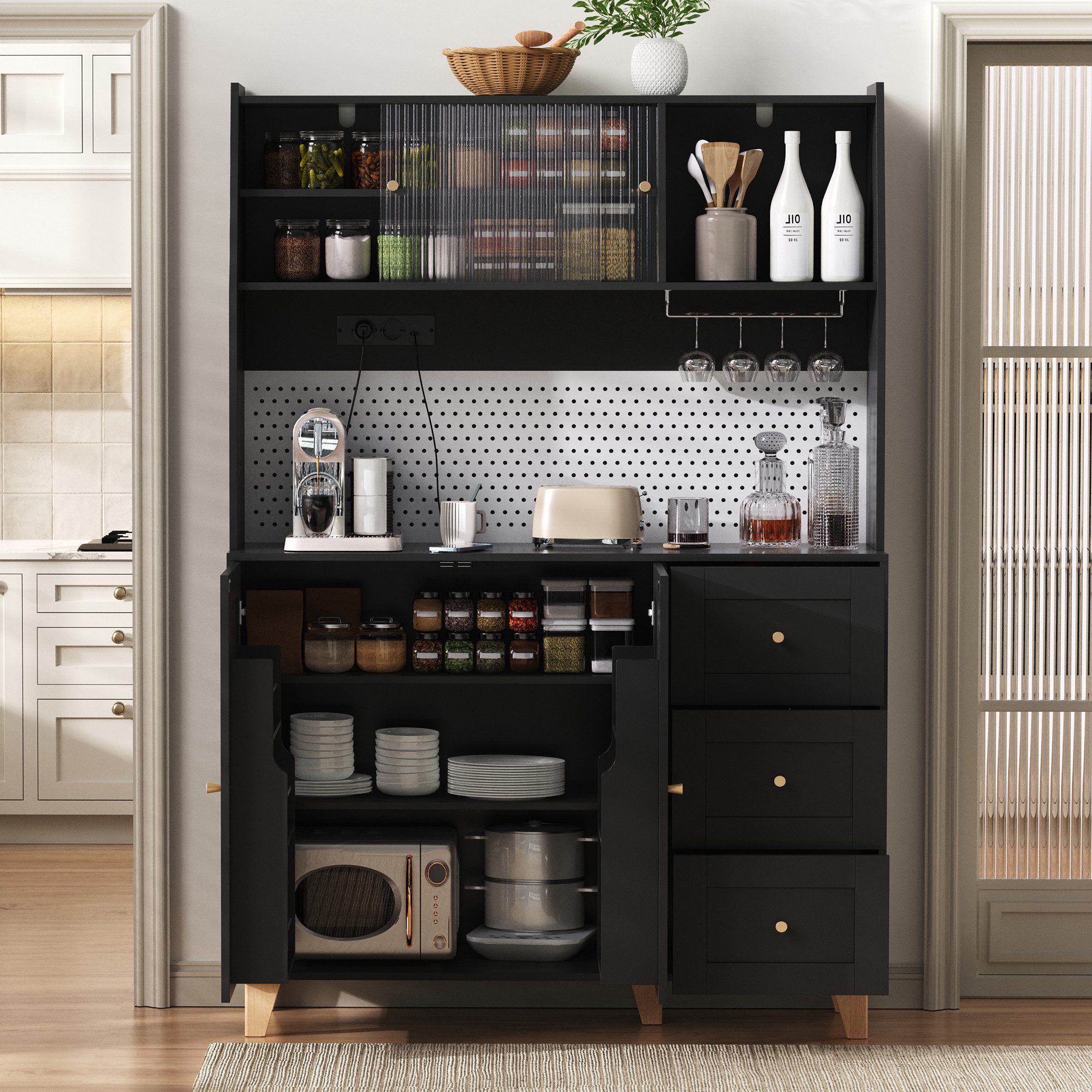 Flieks Küchenbuffet mit Steckdosen, Lochwand, Gläserhalter, Glas-Schiebetür und Schubladen (120x40x184 cm, 1-St., Mehrzweckschrank mit Arbeitsplatte, Türablagen und Massivholzbeinen) Hochschrank Küchenschrank Geschirrschrank mit verstellbarer Ablagen