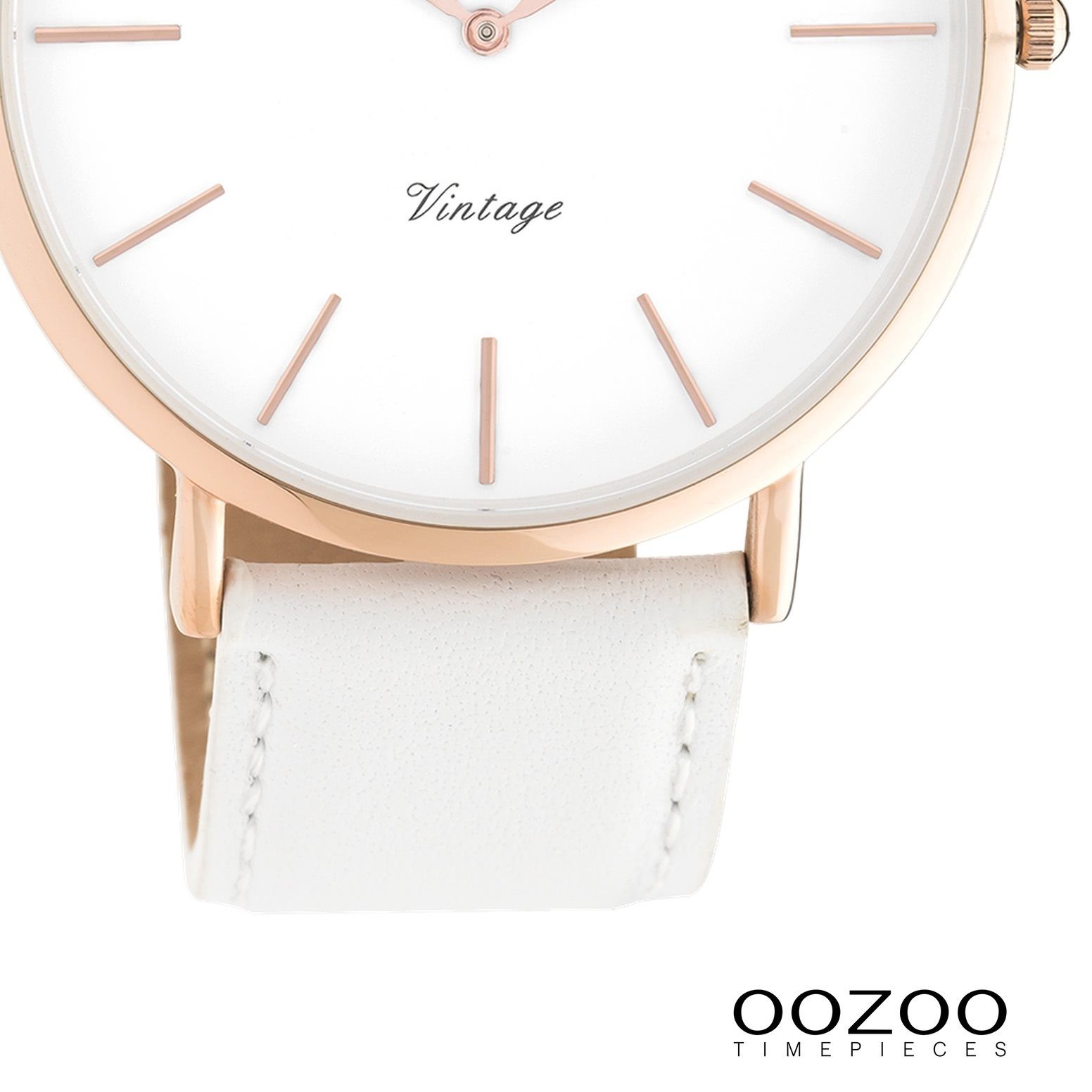 OOZOO Quarzuhr Oozoo Damen Armbanduhr Vintage, (Analoguhr), Damenuhr rund, groß (ca. 44mm), Lederarmband weiß, Fashion