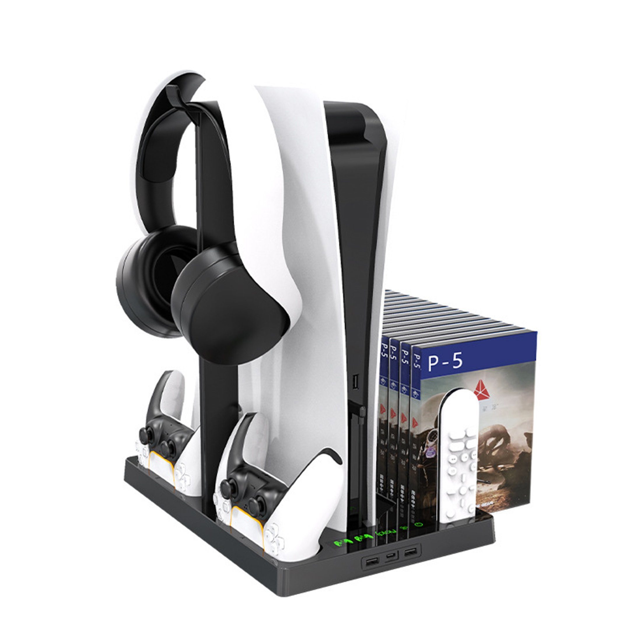 KINSI PS5 Ladestation mit Kühlfunktion&Kopfhörerhalter für PS5 Digital/Disc Controller-Ladestation (Vertikalständer mit 2-fach Ladedock,15 Disc Halter & Kühlgebläse)