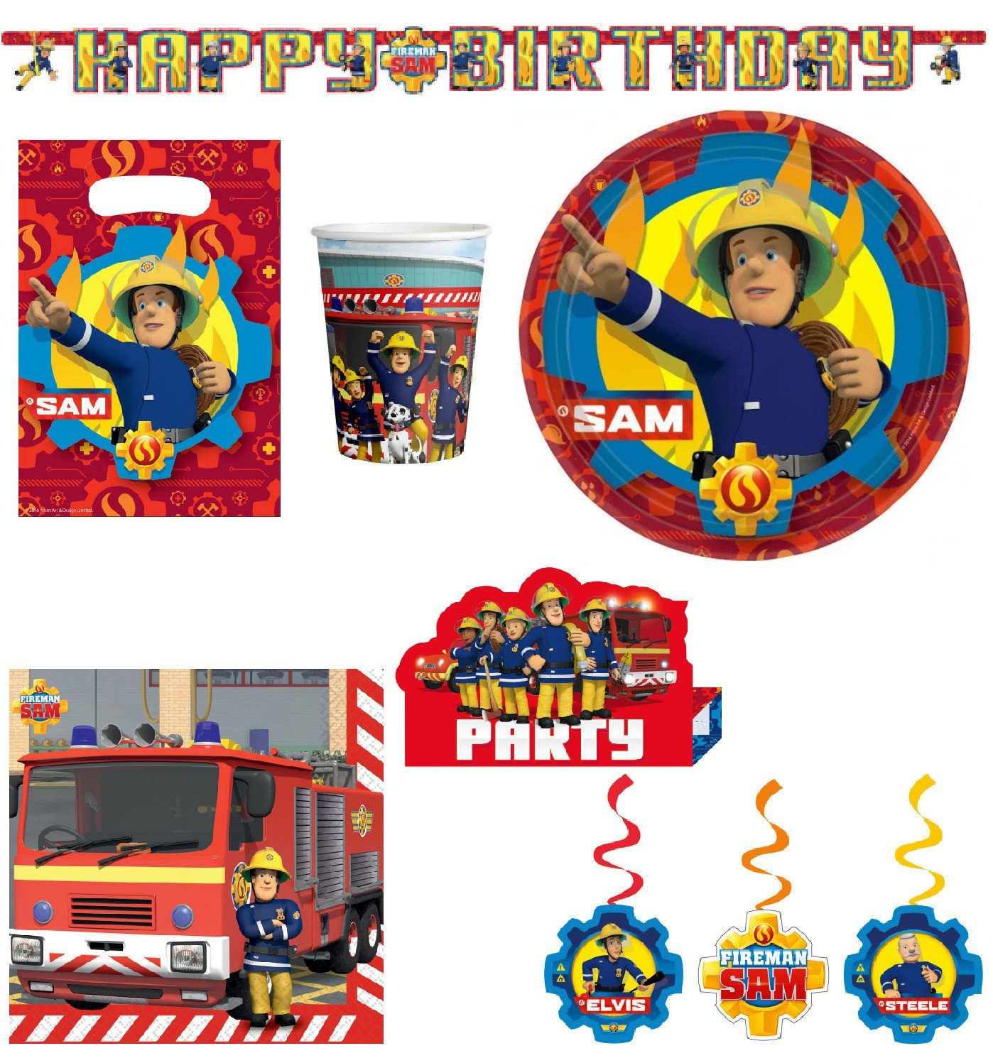 Amscan Einweggeschirr-Set 55 tlg Party Set Feuerwehrmann Sam Teller Becher Kinder Geburtstag, 8 Personen, Pappe