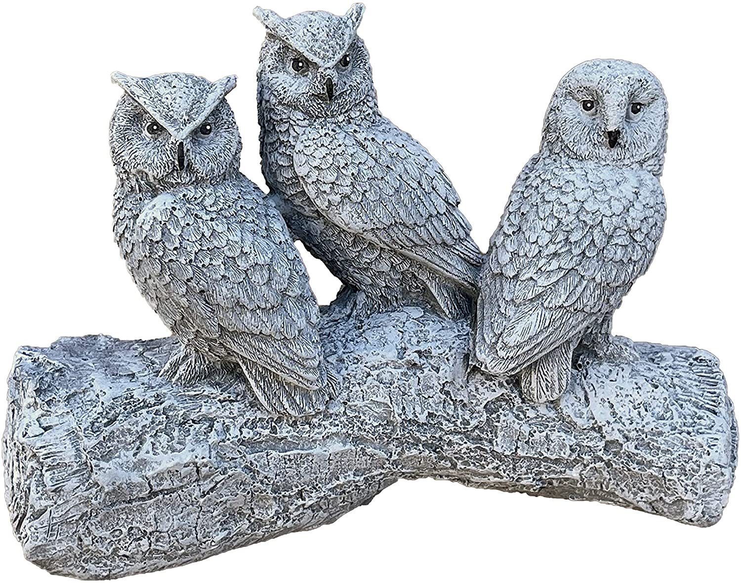 Gartenfigur Steinfigur 3 Eulen auf Baumstamm