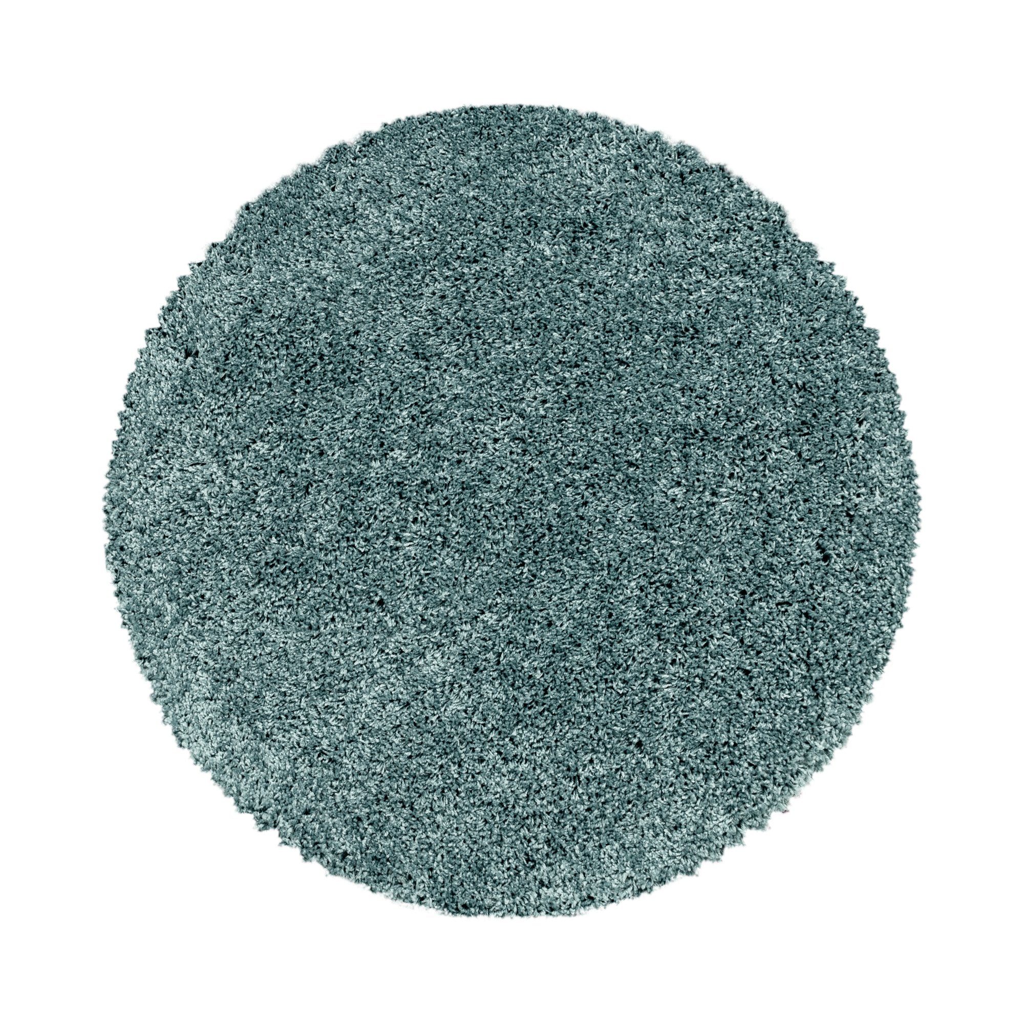 30 farben Einfarbig, mm, Shaggy Wohnzimmer - Blau versch. Unicolor Aqua Hochflor-Teppich größen Höhe: Teppich und Rund, Einfarbig Runder Carpetsale24,