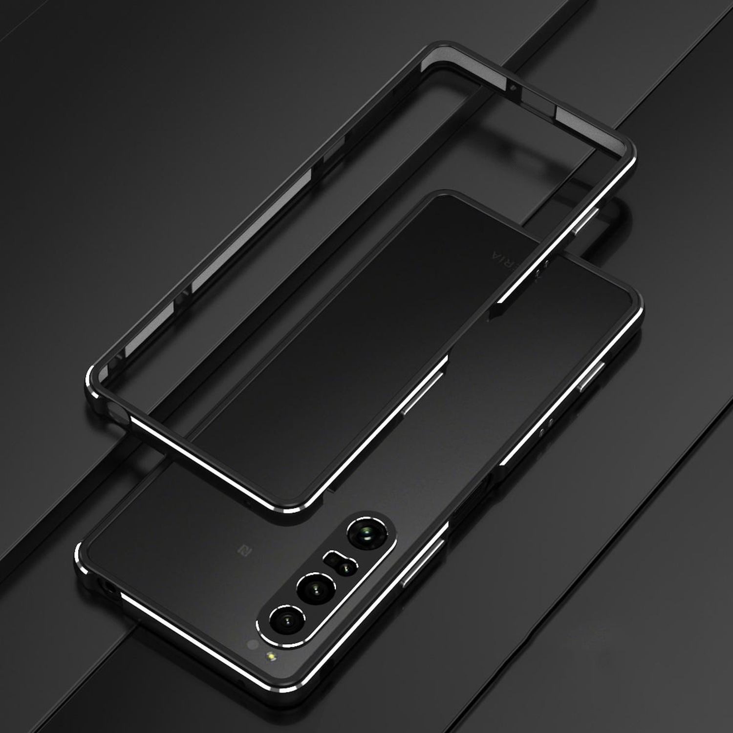Wigento Handyhülle Für Sony Xperia 1 VII Aurora Series Metallrahmen Schutz Hülle Silber, Metallrahmen mit integriertem Linsenschutz