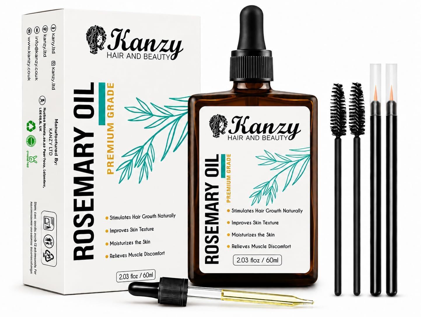 KANZY Haaröl Rosmarinöl für Haare 60ml, Diluted Reines Rosmarin öl für Körper, Bart, Augenbrauen, Wimpern & Haarwachstum, Sowie zur Behandlung von Juckender Kopfhaut und Haarausfall, Beruhigt trockene und juckende Kopfhaut