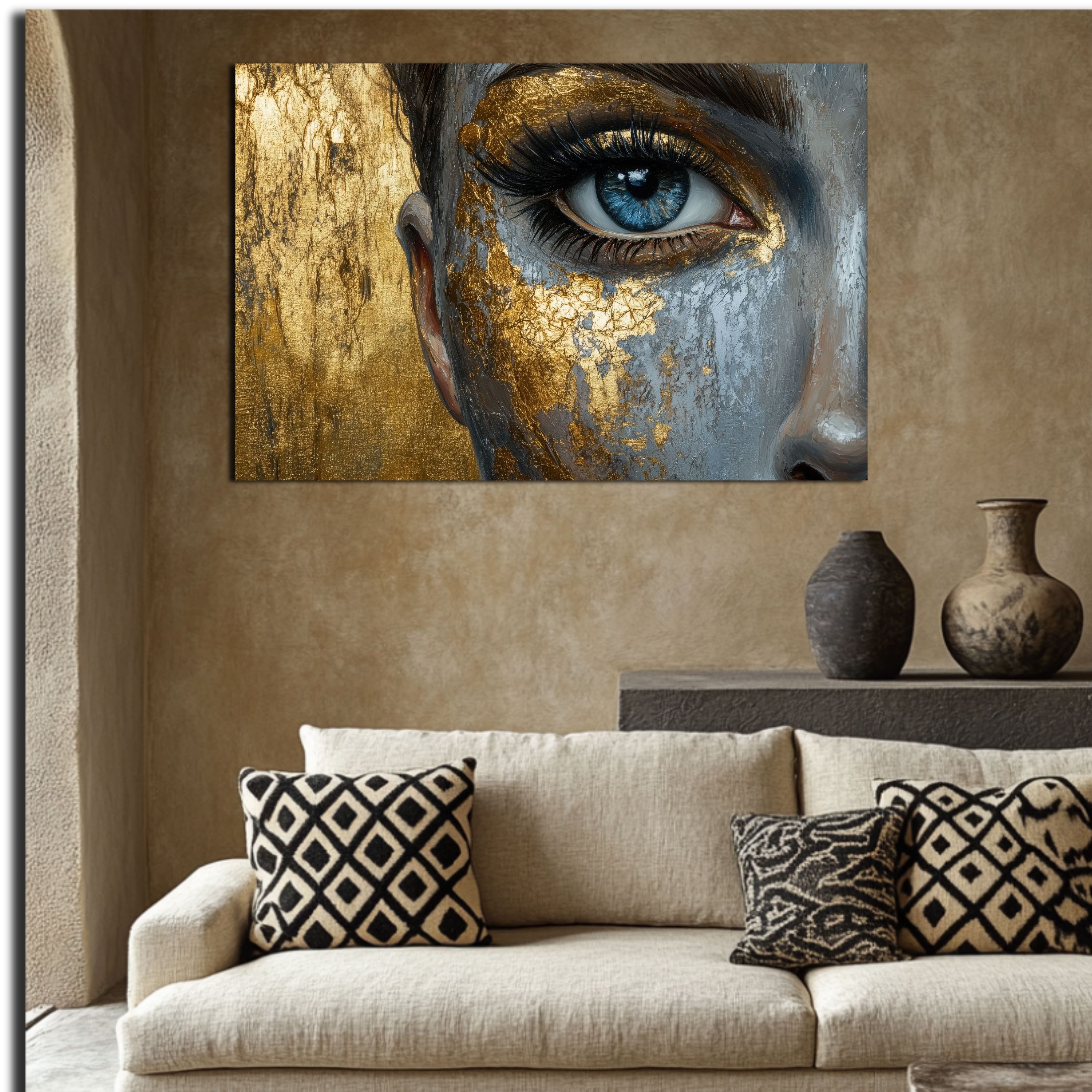 DARO Design Leinwandbild Modern Abstrakt Wandbilder XXL Wandbild Wand Deko Leinwand Bilder, (Gesicht Gold - Bild Groß Wohnzimmer Schlafzimmer Küche Esszimmer Ei – Bild 5 von 5