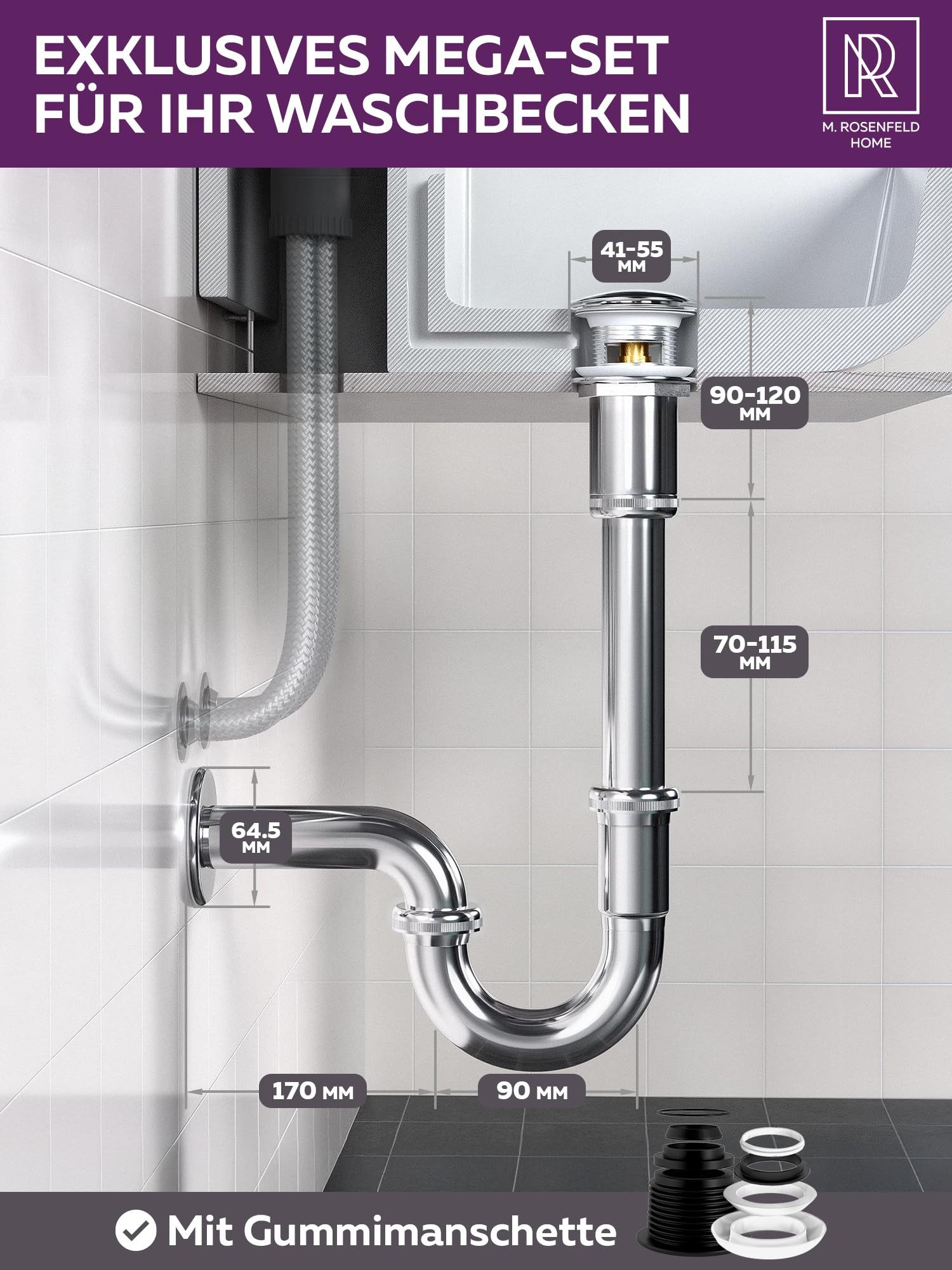 M. Rosenfeld Siphon Waschbecken Ablaufgarnitur mit Überlauf, Pop Up Ventil günstig online kaufen