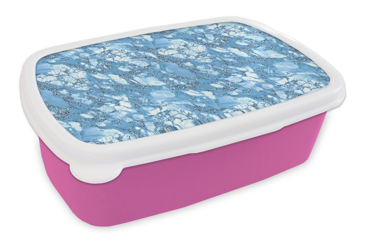 MuchoWow Lunchbox Marmor - Glitter - Blau, Kunststoff, (2-tlg), Brotbox für Erwachsene, Brotdose Kinder, Snackbox, Mädchen, Kunststoff rosa