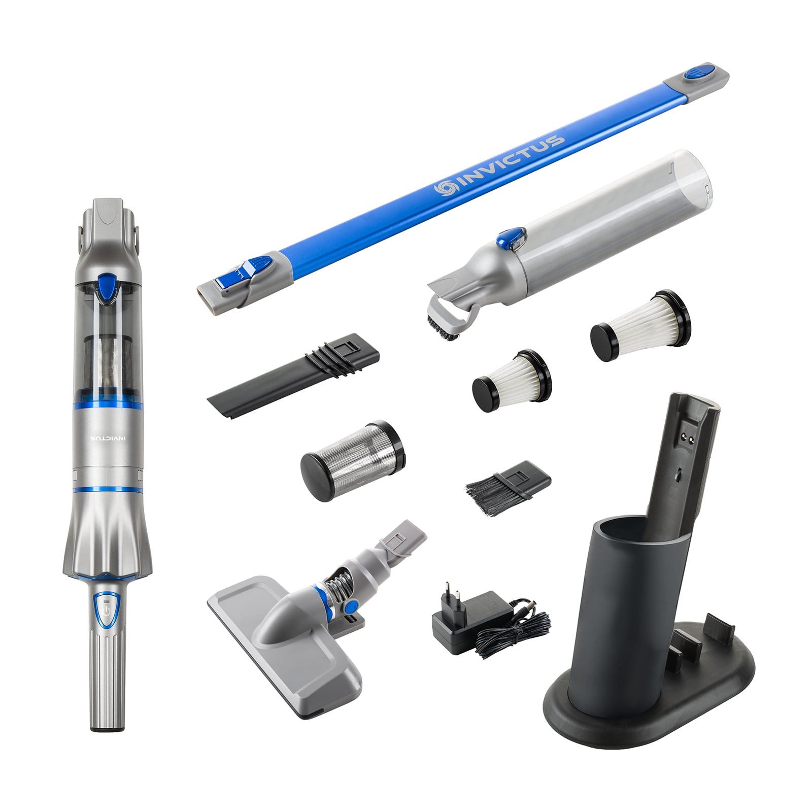 Genius Akku-Handstaubsauger INVICTUS ONE 2.0 Hand- und Bodenstaubsauger Set 16-tlg. dunkelblau, beutellos, für Böden, Möbel, Polster, Fugen, Auto und schwer erreichbare Stellen
