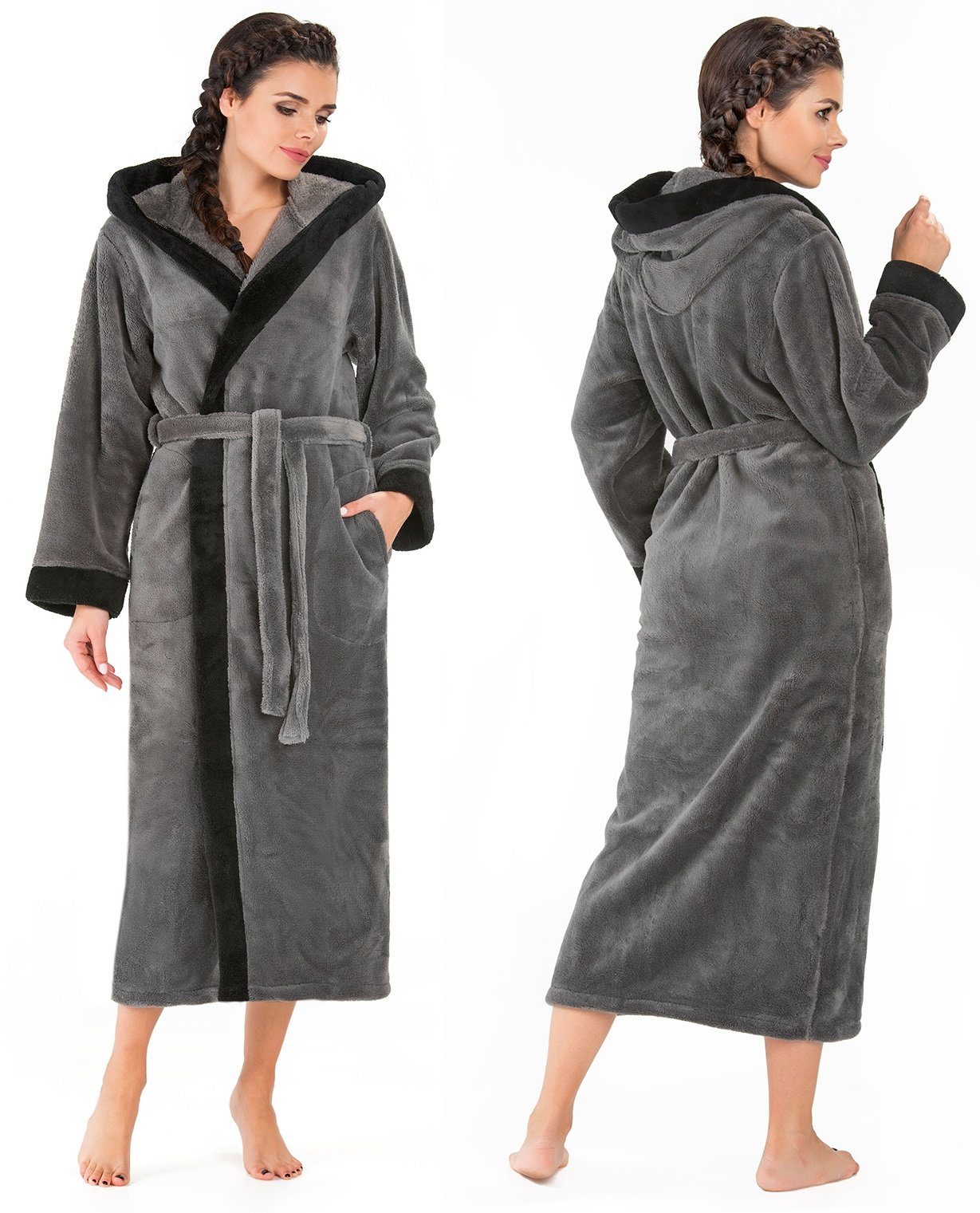 Di Vadini Bademantel Di Vadini UNISEX Herren Damen Bademantel PRATO mit Kapuze, wadenlang, Polyester, Weitenverstellung
