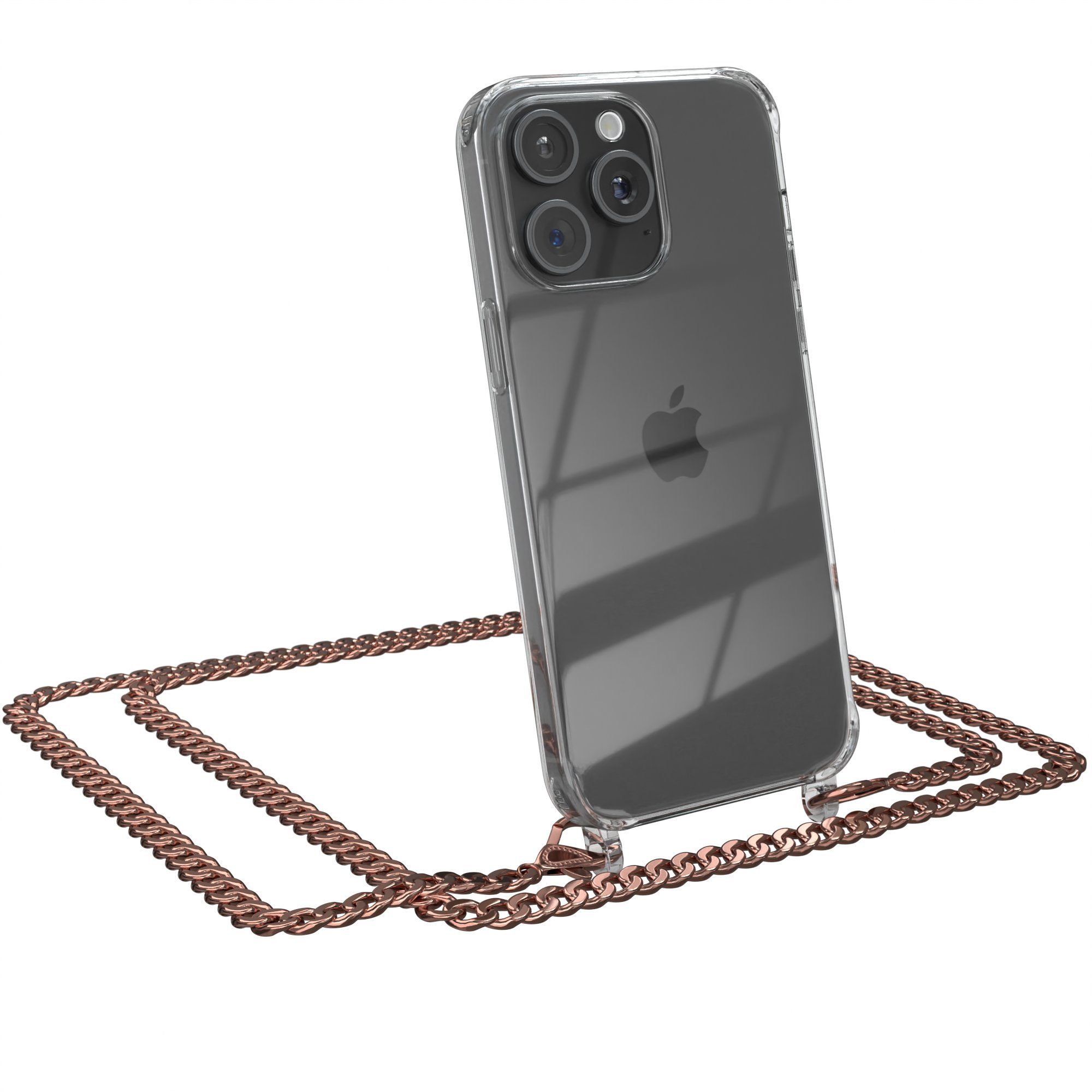 EAZY CASE Handykette Metallkette Magsafe Hülle für iPhone 15 Pro Max 6,7 Zoll, Silikonhülle Transparent Smartphonekette für Unterwegs Ketten Rose