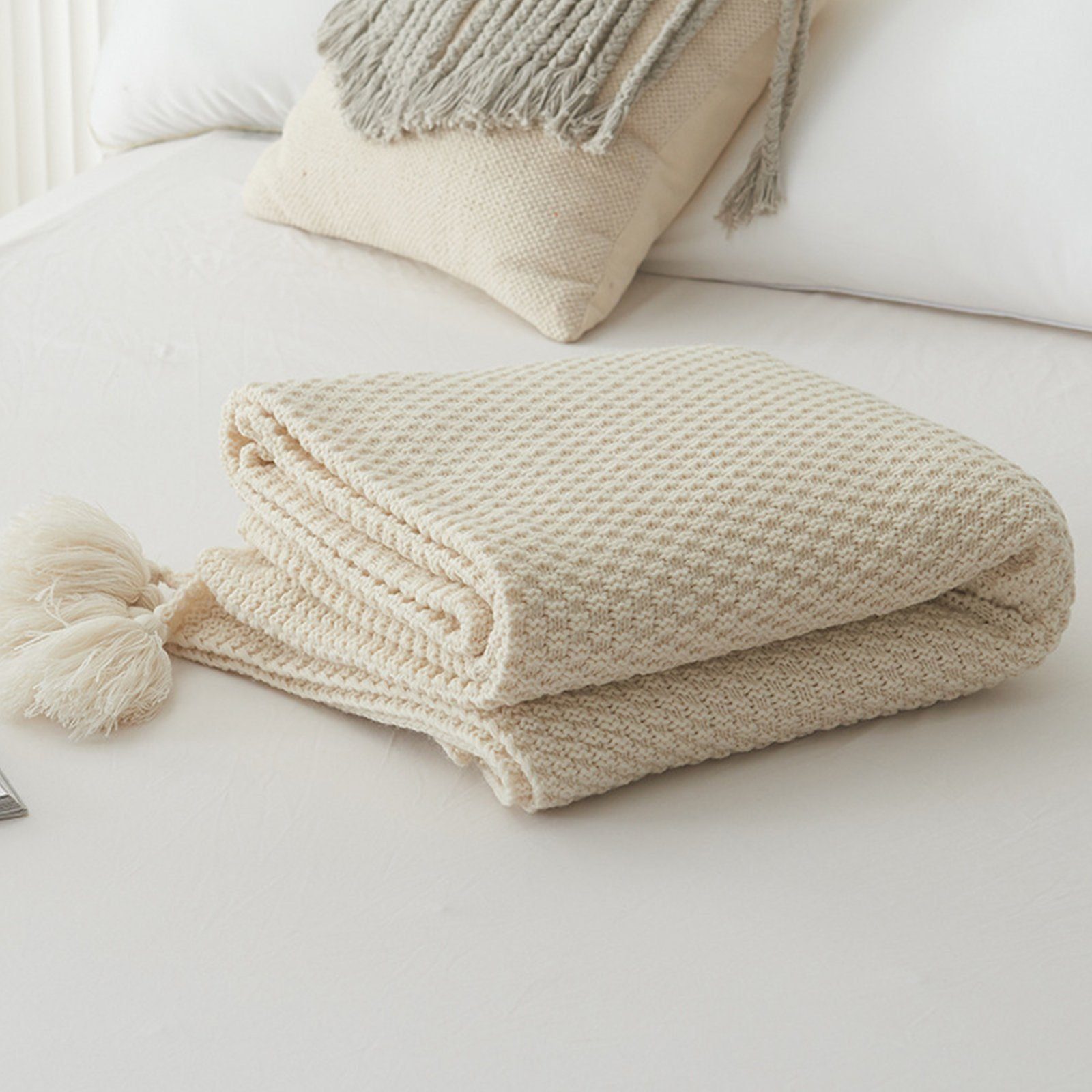 Tagesdecke Handgemachte Decke für Sofa and Bett,110x150cm, Beige, Aoucheni