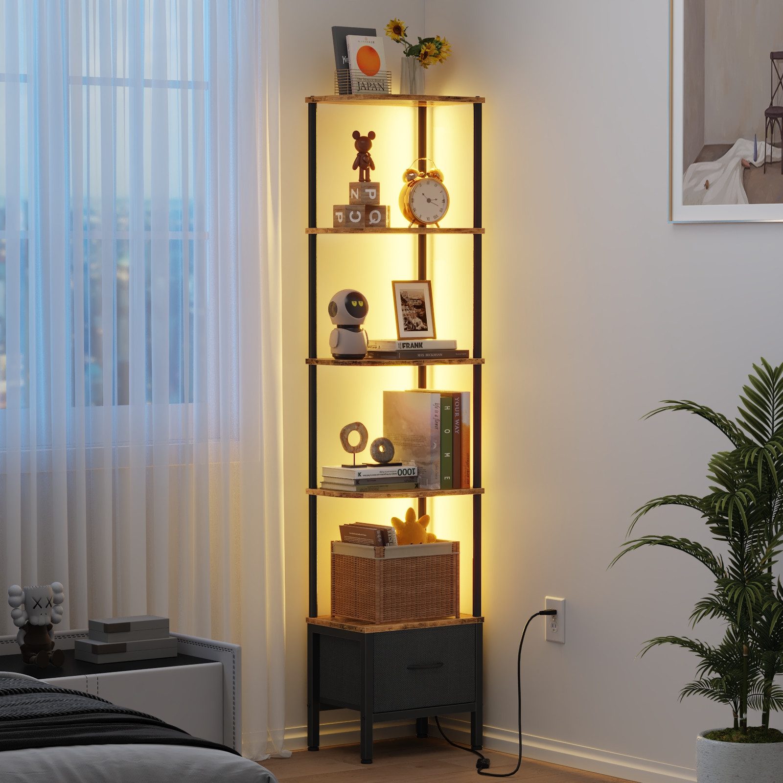 OYRREU Bücherregal Eckenregal mit LED-Beleuchtung 172 cm 5 Ebenen Aufbewahrungsregal, App-gesteuerte LED-Beleuchtung (Helligkeit & Farbe einstellbar)