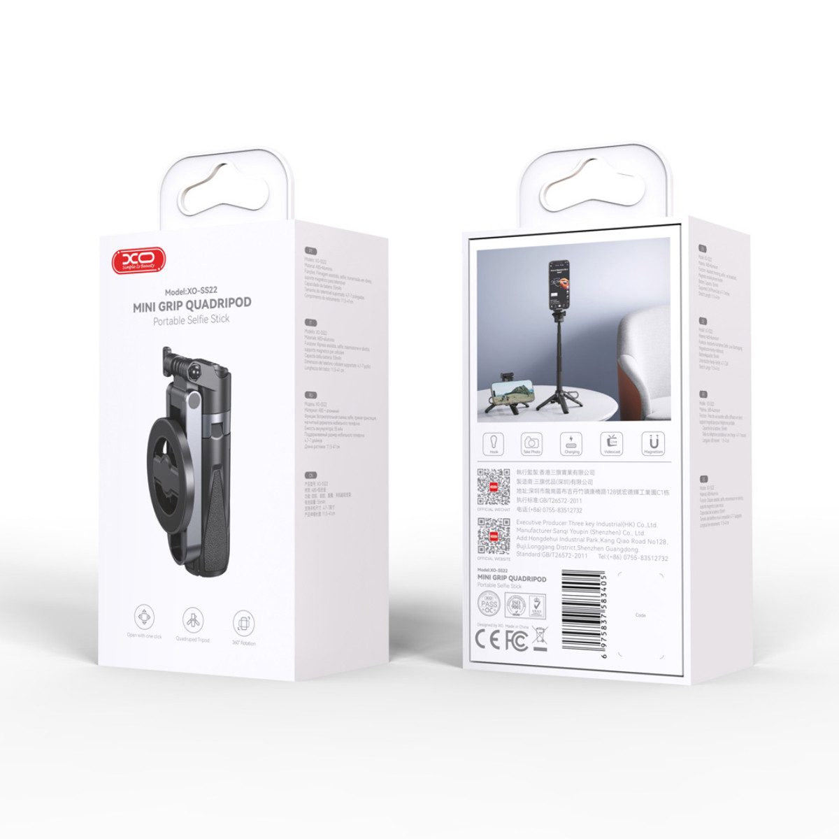 XO Selfie-Stick SS22, Kompakter 4in1 Bluetooth-Selfie-Stick mit magnetischer Halterung