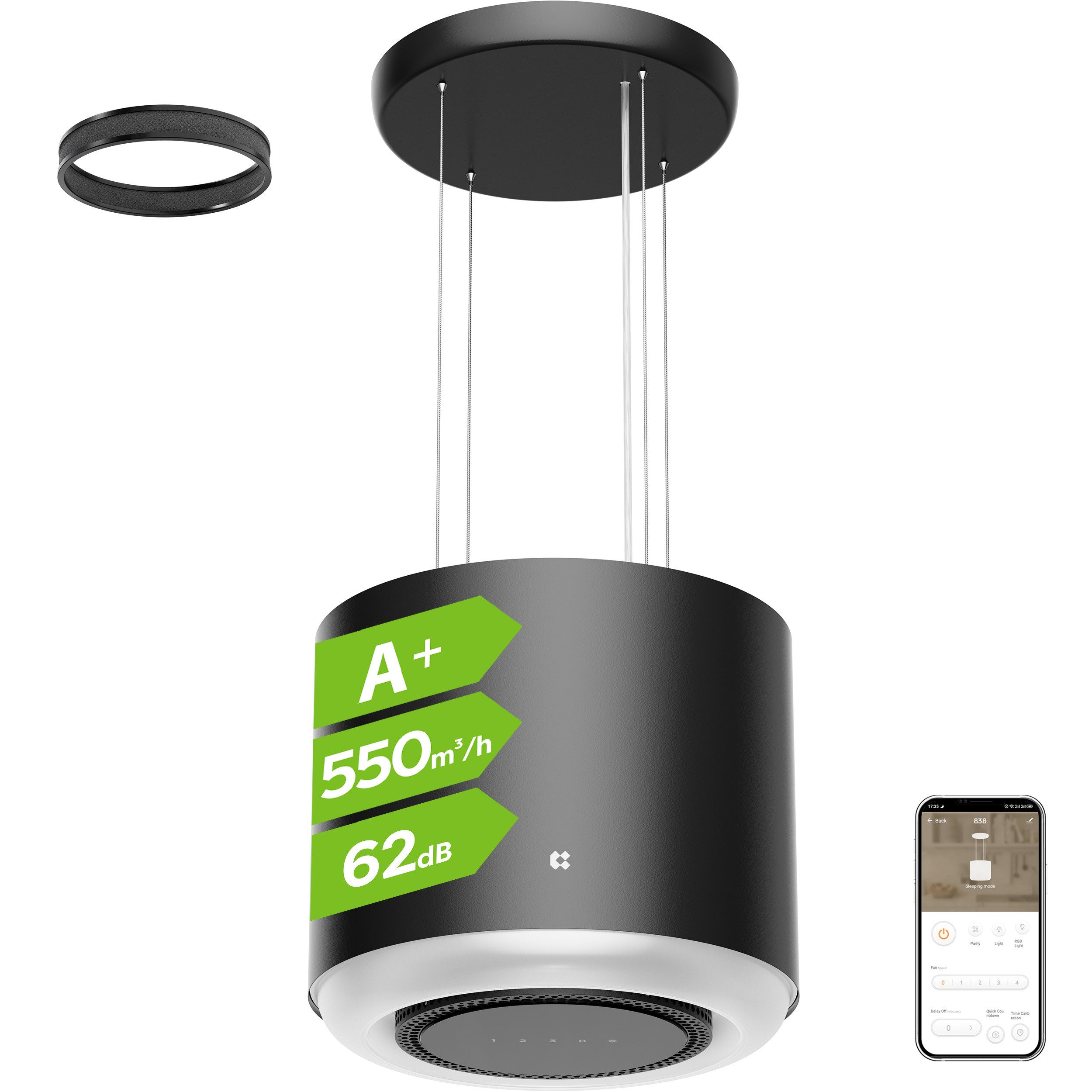 CIARRA Inselhaube 48 cm A+ 550 m³/h leise Dunstabzugshaube freihängend Umluft VM4838B 48 cm A+ 550 m³/h leise Dunstabzugshaube freihängend Umluft VM4838B, WIFI-APP Touch Control Inkl. BOOST 4 Stufen mit Kohlefilter & LED