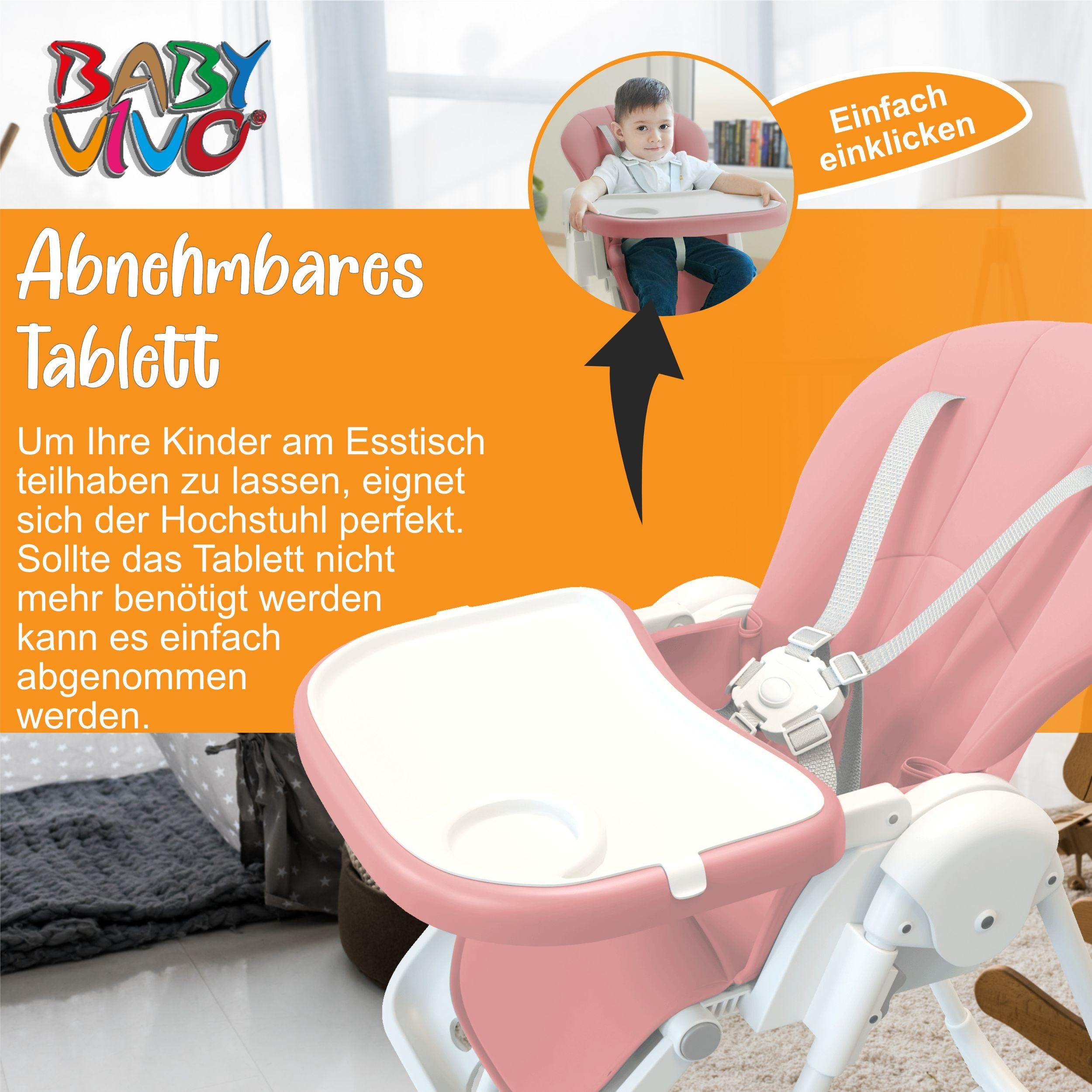 Baby Vivo Hochstuhl Design Kinderhochstuhl aus Kunststoff - Tippy in Bubblegum