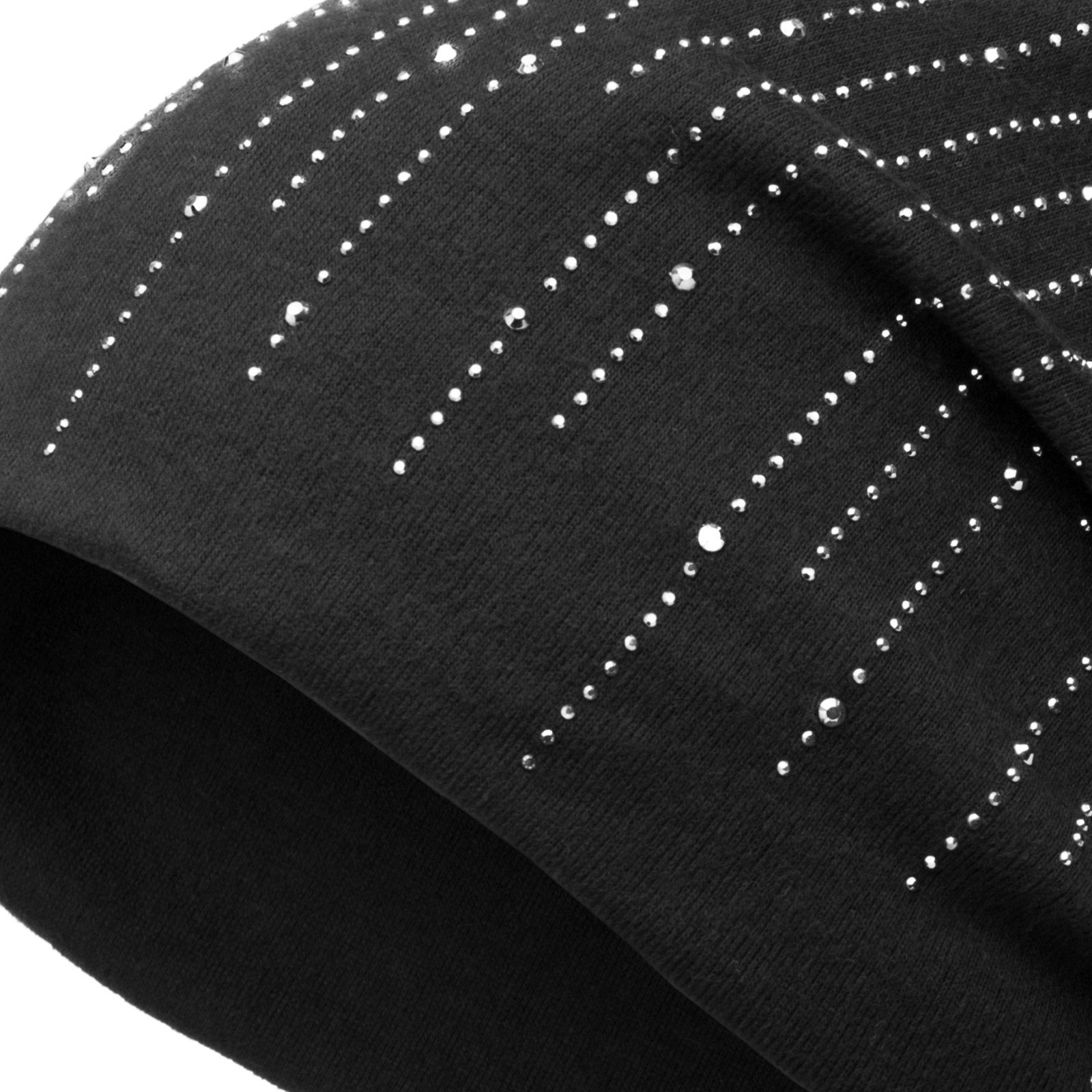 mit Beanie Mütze und Strass schwarz Streifen Stoff Beanie MU142 warmem Flanell stylischen Caspar