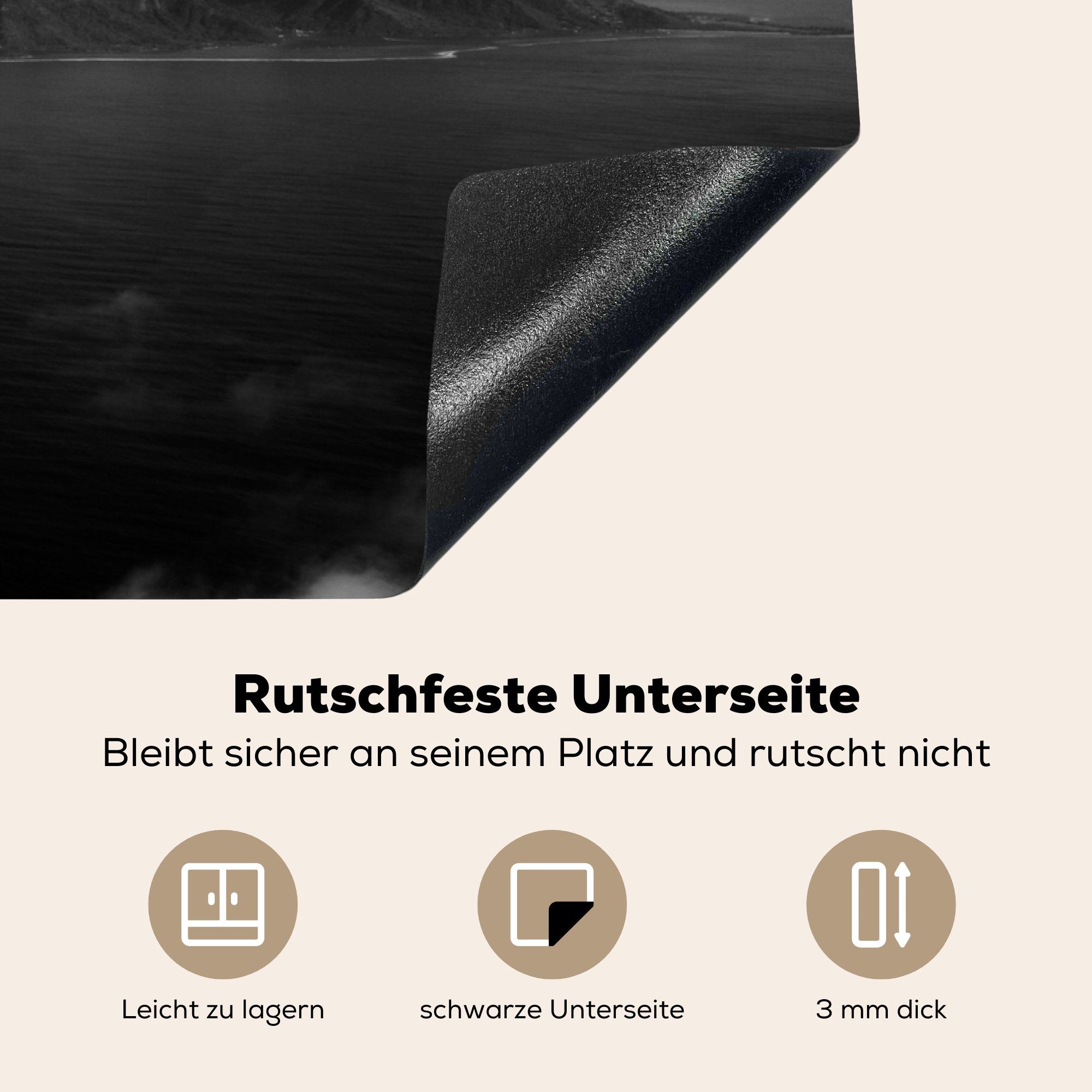 Pazifischen küche, Berge in die (1 Weiß, Induktionskochfeld tlg), Herdblende-/Abdeckplatte auf MuchoWow der für 81x52 Vinyl, und Ozean Mo'orea Ceranfeldabdeckung Schutz Schwarz im Insel cm,