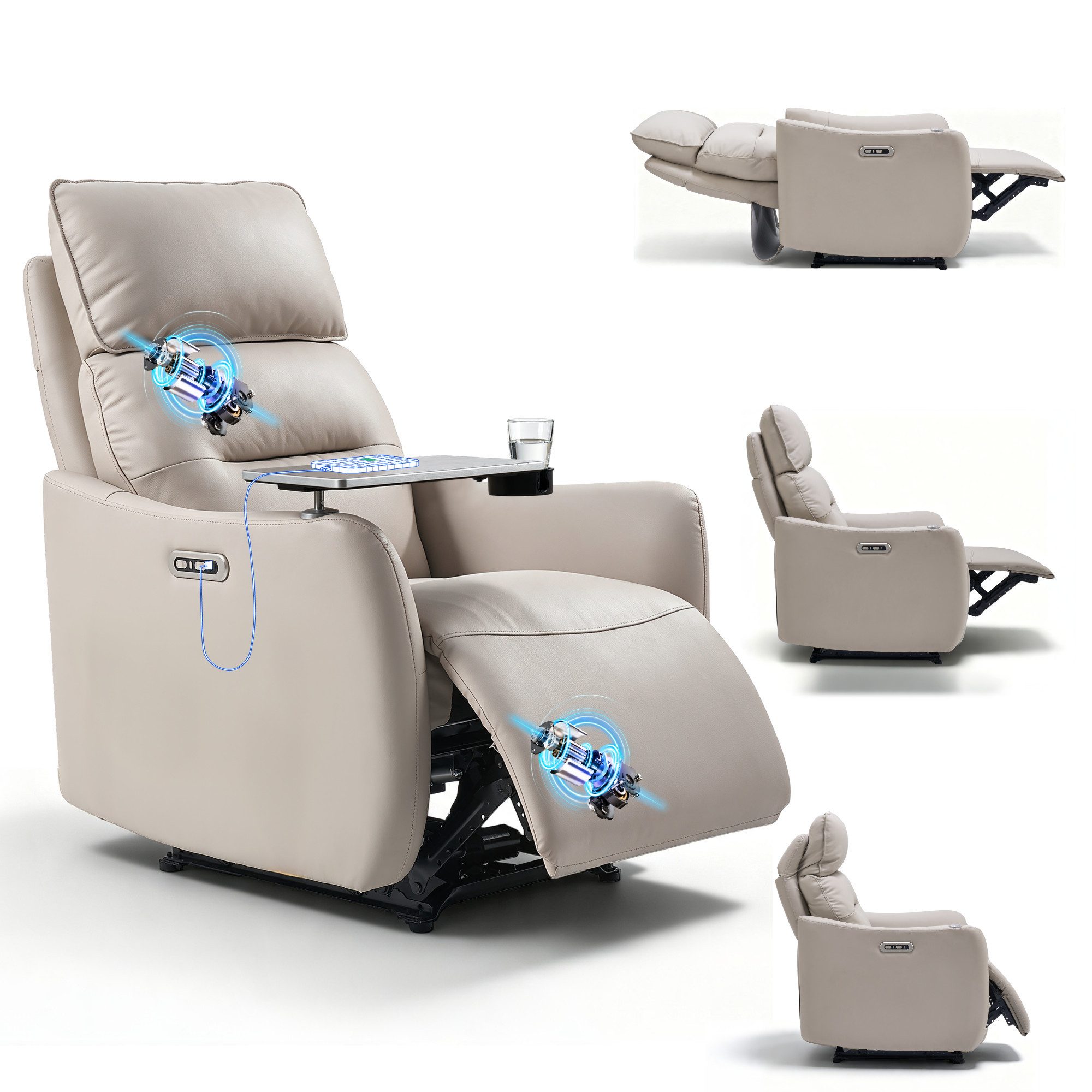 FLEXISPOT Relaxsessel Echtleder Sessel, Doppelmotor, 180° Liegefunktion & 3-fach Kopfstütze (Rückenlehne & Fußstütze separat verstellbar, praktischer One-Touch-Rückstellung, 360° Schwenktisch & 90° schwenkbarer Getränkehalter), Hochwertiges Echtleder bis zu 180 kg Belastbarkeit, Lune Pro