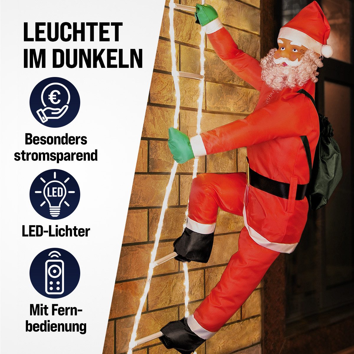 monzana Weihnachtsmann, LED Leiter XXL 240cm für In-/Outdoor 8 Leuchtfunktionen Santa Claus