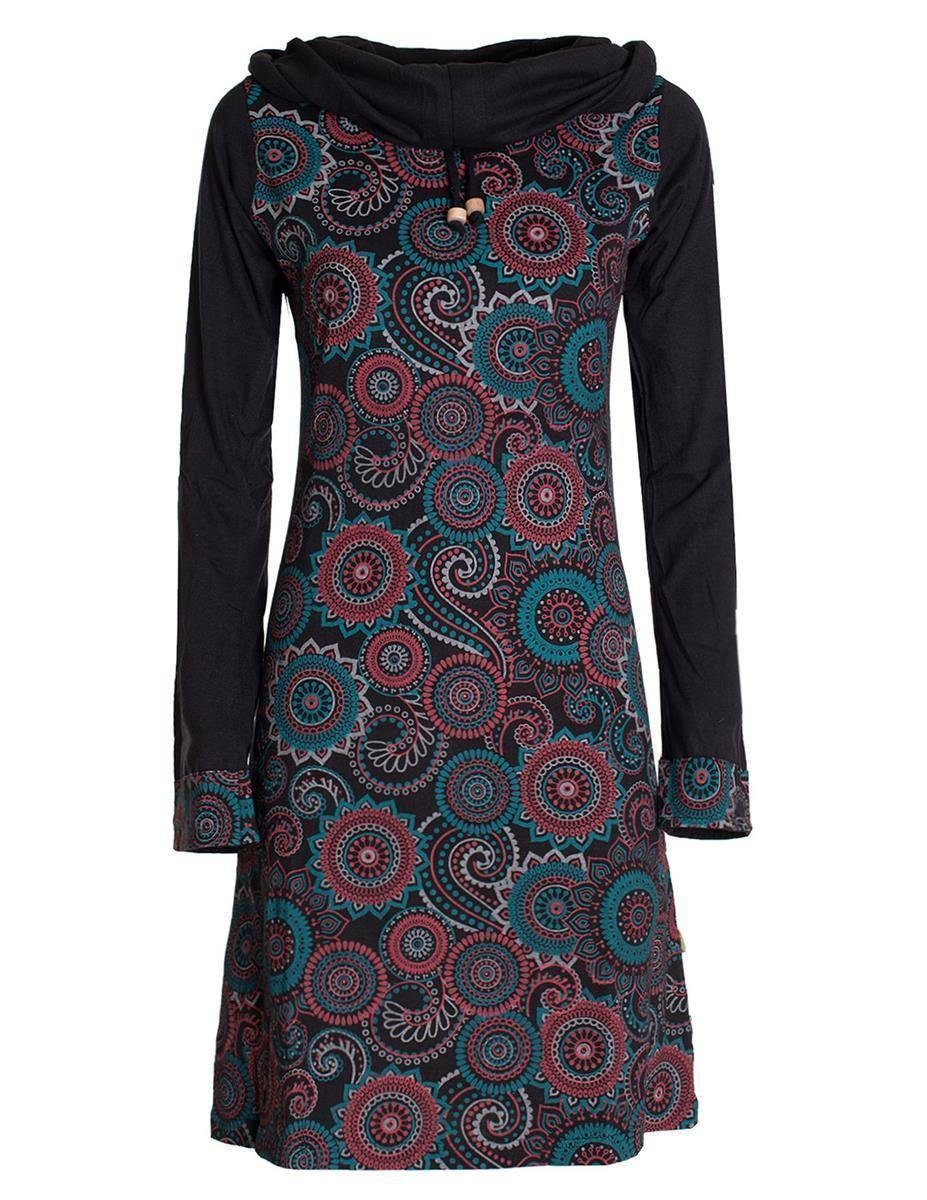 Vishes Jerseykleid Langarm Kleid Schal-Kleid Winterkleider Baumwollkleid Hippie, Goa, Ethno Style schwarz
