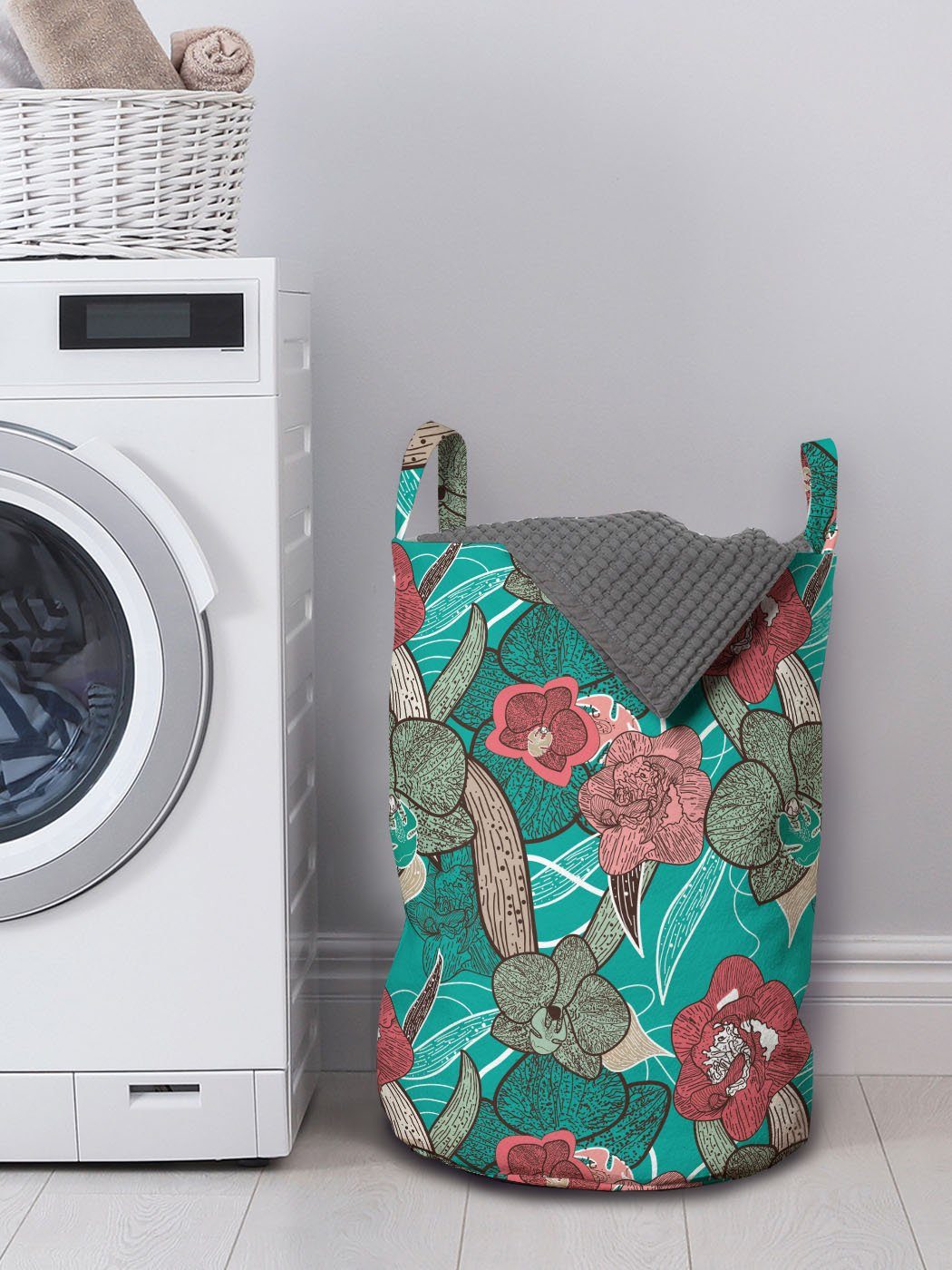 Abakuhaus Wäschesäckchen Wäschekorb mit Griffen Blume Drawn bunte für Blüten Hand Kordelzugverschluss Waschsalons