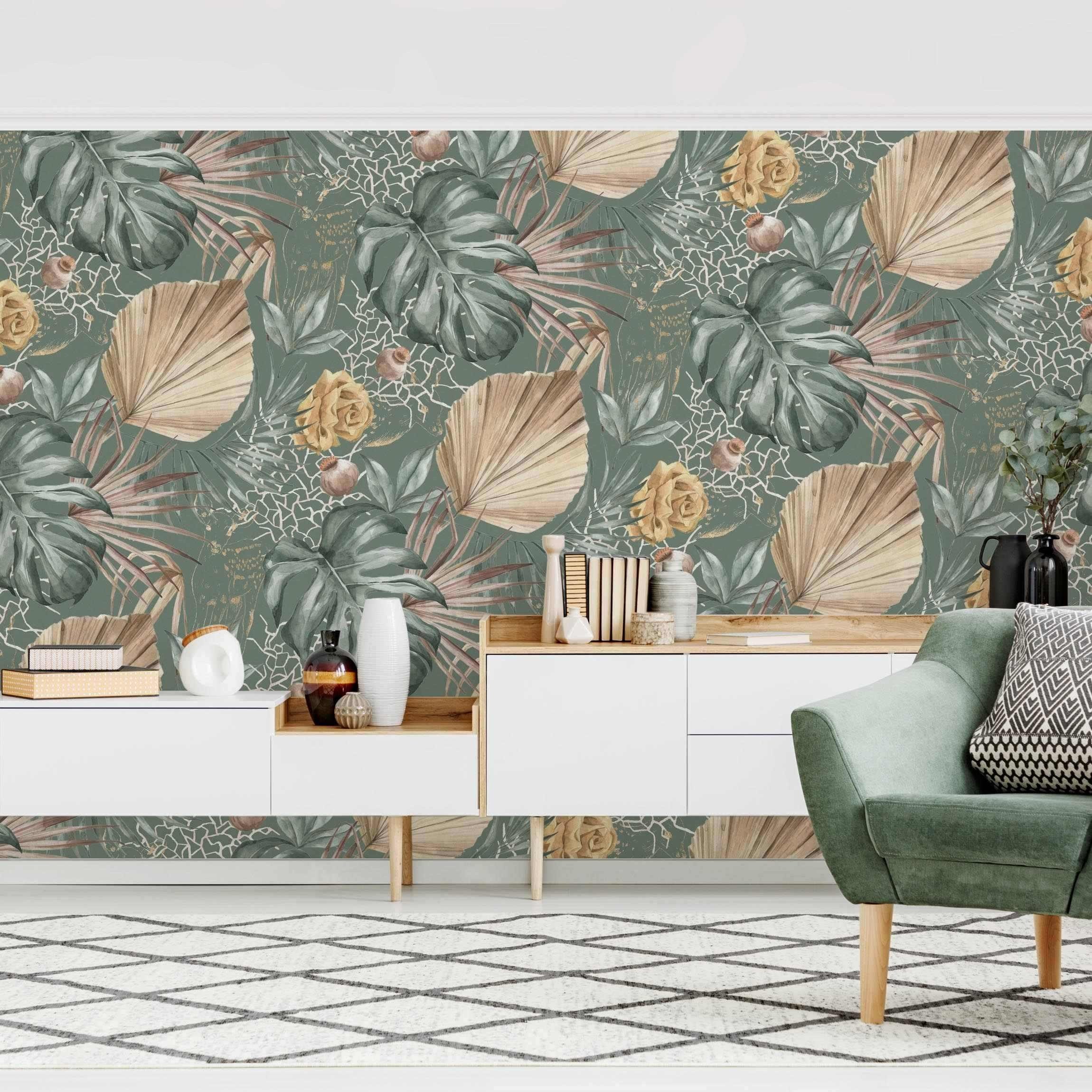 Bilderdepot24 Mustertapete Muster Große Blätter Rosen Grün Grün Beige Wanddeko Vintage Tropical, Glatt, Matt, (Vliestapete inkl. Kleister oder selbstklebend), Wohnzimmer Schlafzimmer Küche Flur gemusterte Vliestapete Wandtapete