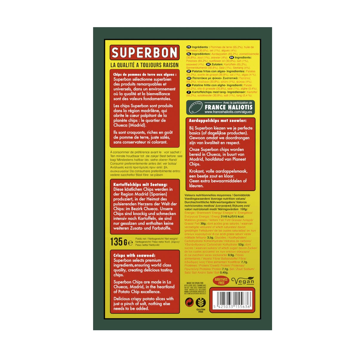 Superbon Knabberei, Superbon Chips Seaweed Kartoffelchips mit Algengeschmack Packung 125g
