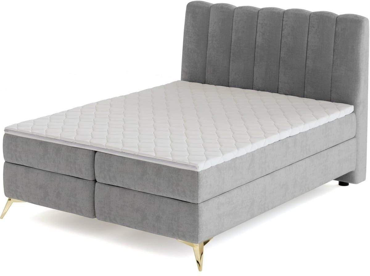 Xlmoebel Boxspringbett Graues Boxspringbett 140x200 mit Stauraum und goldenen Beinen (1-St., 1-tlg), Kopfteil mit Steppung