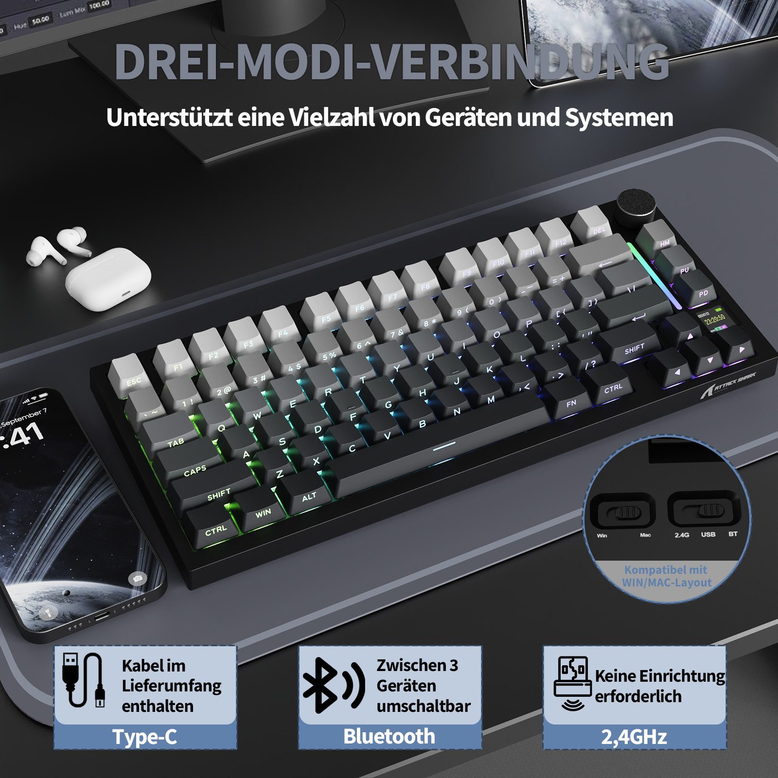 ATTACK SHARK X820 Ultra Mechanische Tastatur mit,75% ANSI-Layout, 2,4 GHz/BT/Wired Gaming-Tastatur (Gasket,TFT-Bildschirm und Knopf,5 Sound-Absorbing Foams,Hot- – Bild 3 von 5