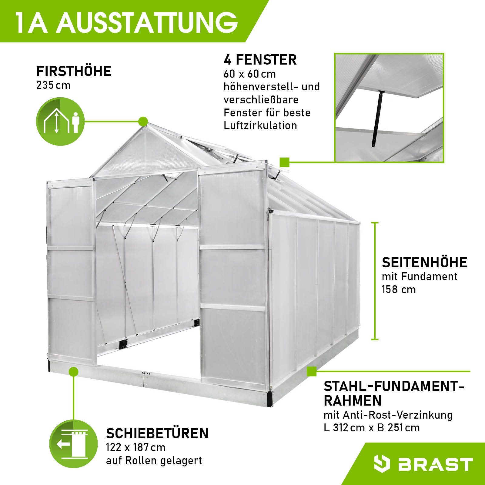 BRAST Gewächshaus ALU mit Fundament rostfrei 310x250x235cm TÜV geprüft, BxTxH: 250 x 310 x 235 cm, wetterfestes hochwertiges Aluminium, Temperaturbeständig, Wärmedämmend, Lichtbrechend & UV-stabilisiert
