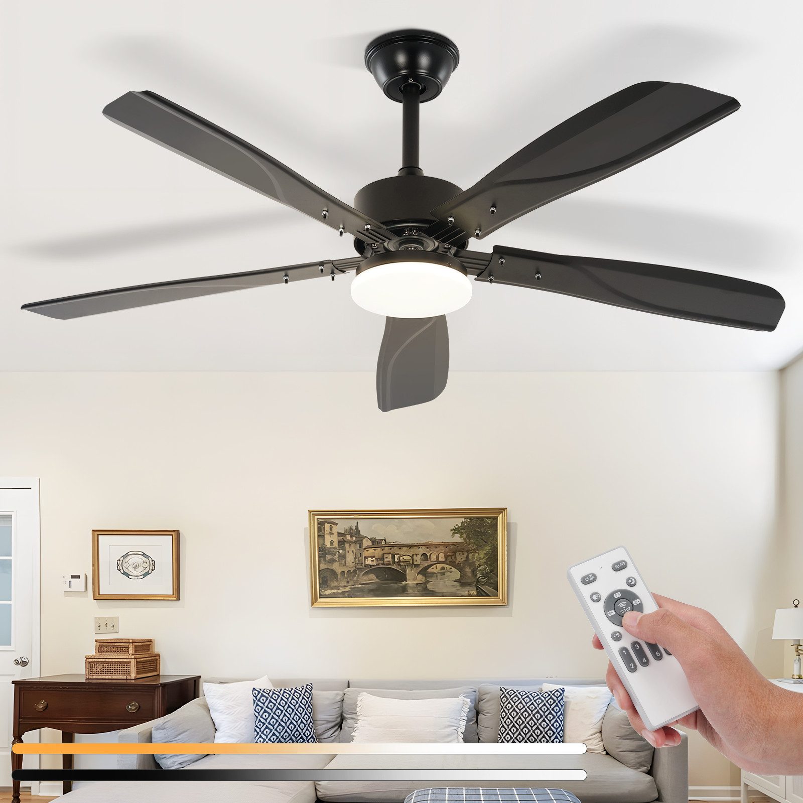 Nettlife Deckenventilator Licht leise 125cm dimmbar 23 W Schwarz Deckenlampe Fernbedienung, 6-Stufen-Timer, für Schlafzimmer, Küche, Wohnzimmer